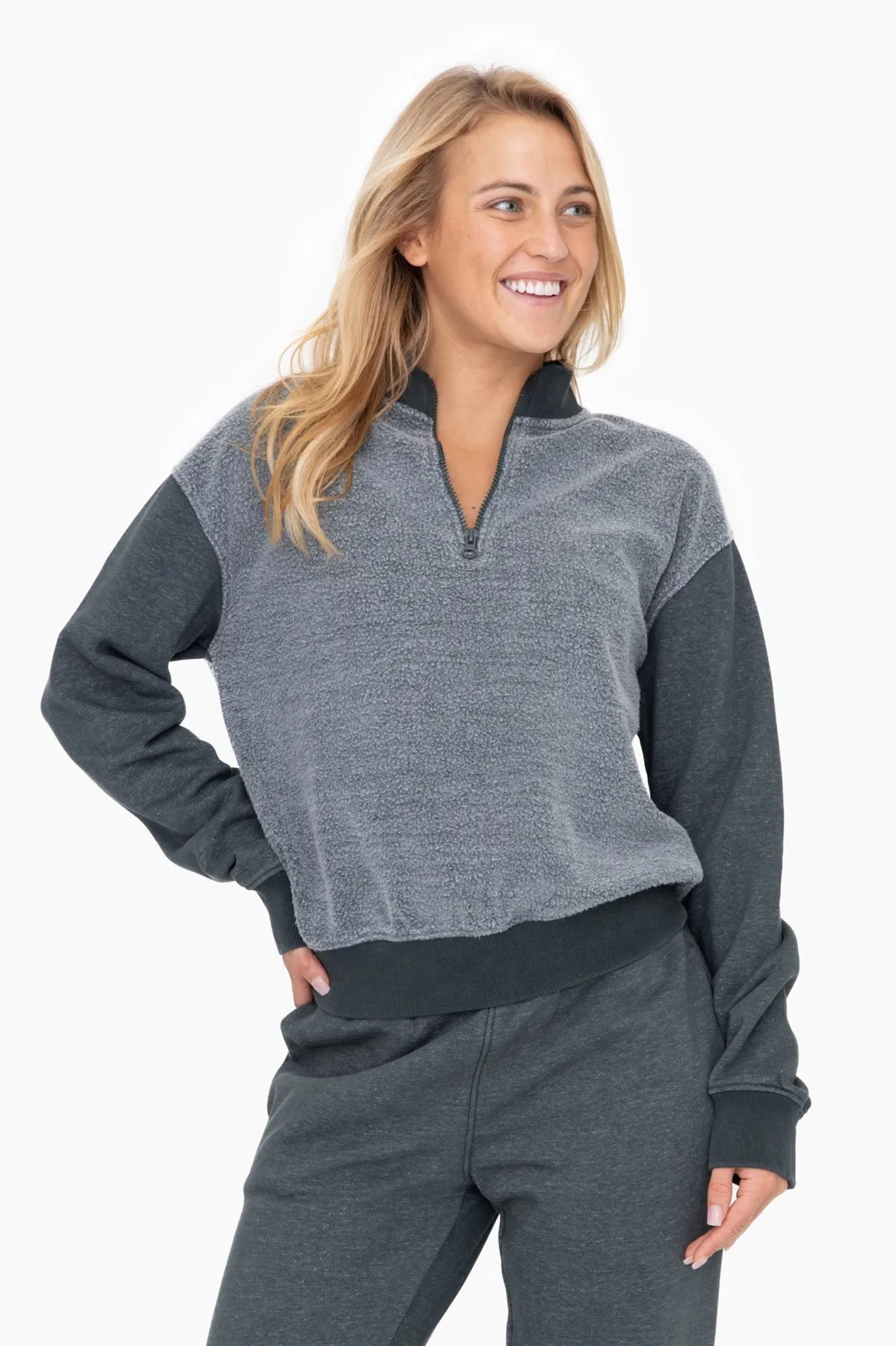 Reverse French Terry Fleece Half Zip Sweatshirt - Jade