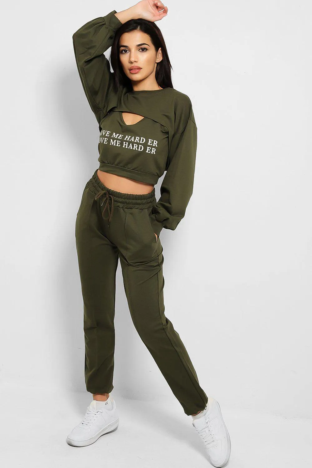 STATEMENT SWEATSHIRT TANK TOP&JOGGER 3 PIECE KHAKI LOUNGEWEAR SET