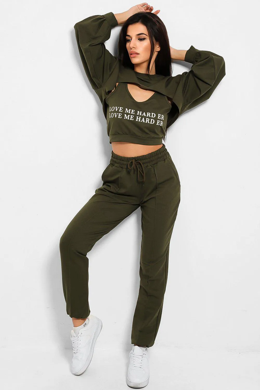 STATEMENT SWEATSHIRT TANK TOP&JOGGER 3 PIECE KHAKI LOUNGEWEAR SET