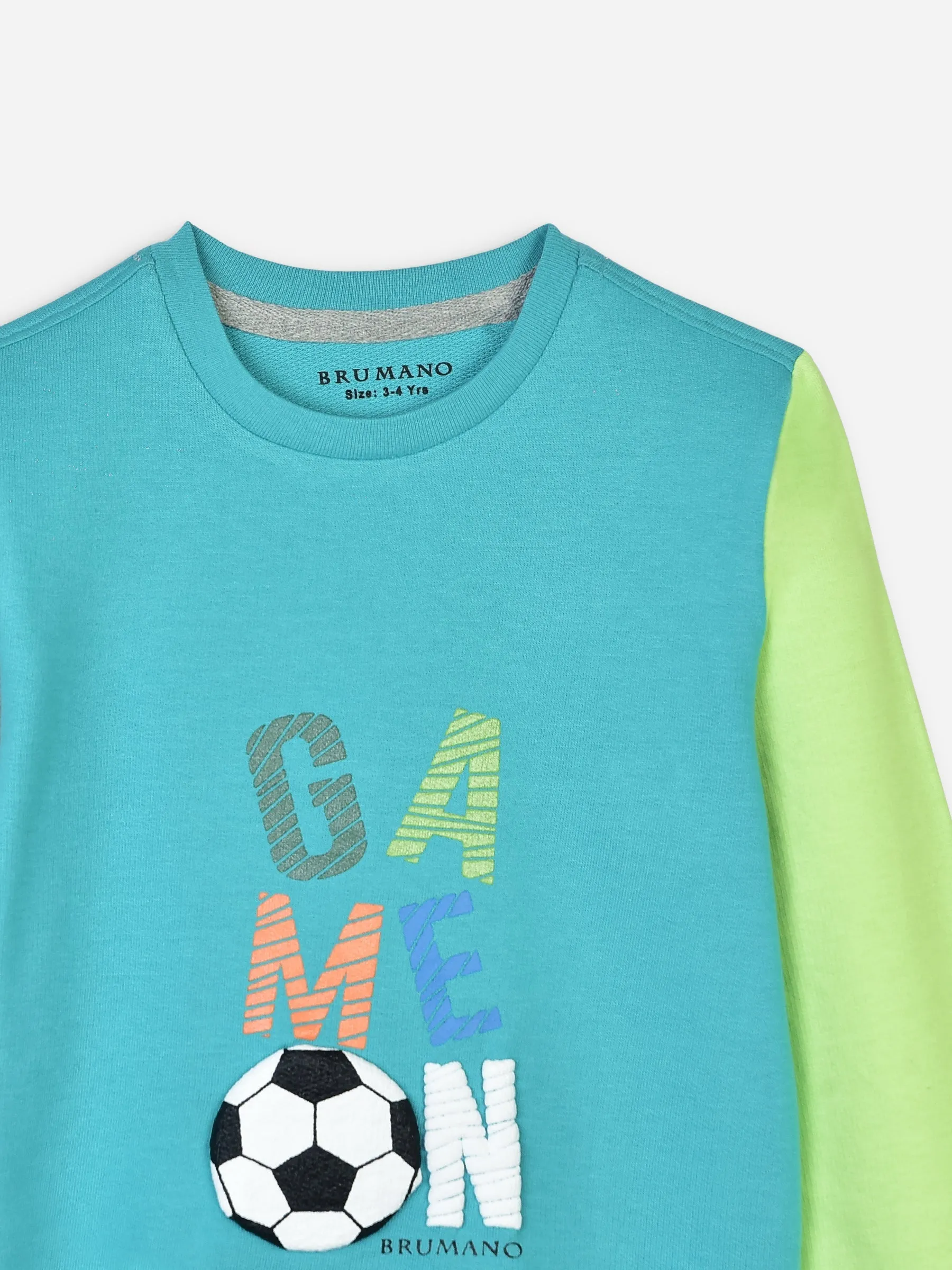 Turquoise Contrasting Sleeves Sweatshirt With 'Game On' Print