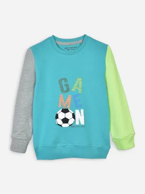 Turquoise Contrasting Sleeves Sweatshirt With 'Game On' Print