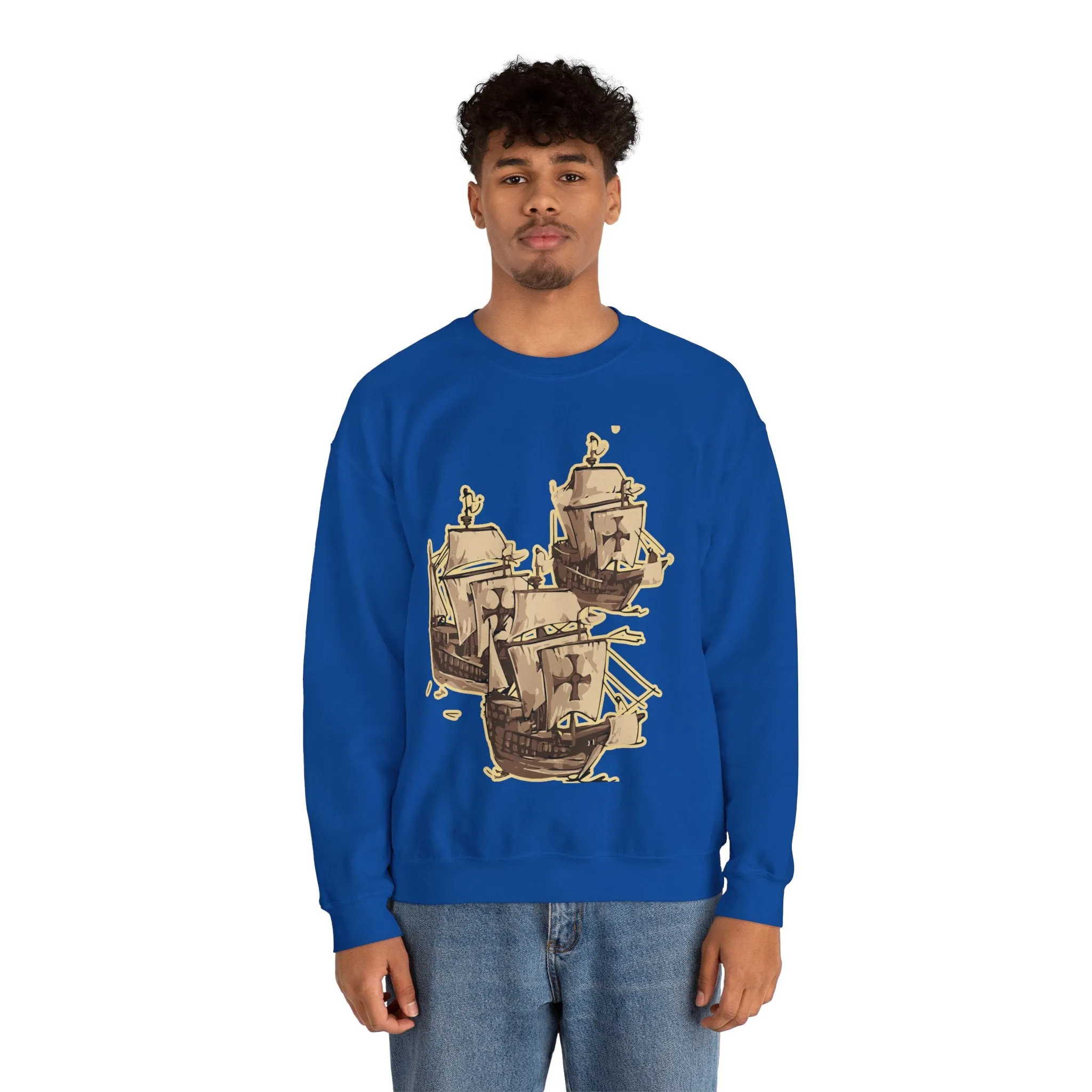 Unisex Heavy Blend Crewneck Sweatshirt with 3 Boats Design – Ultimate Comfort & Sustainability