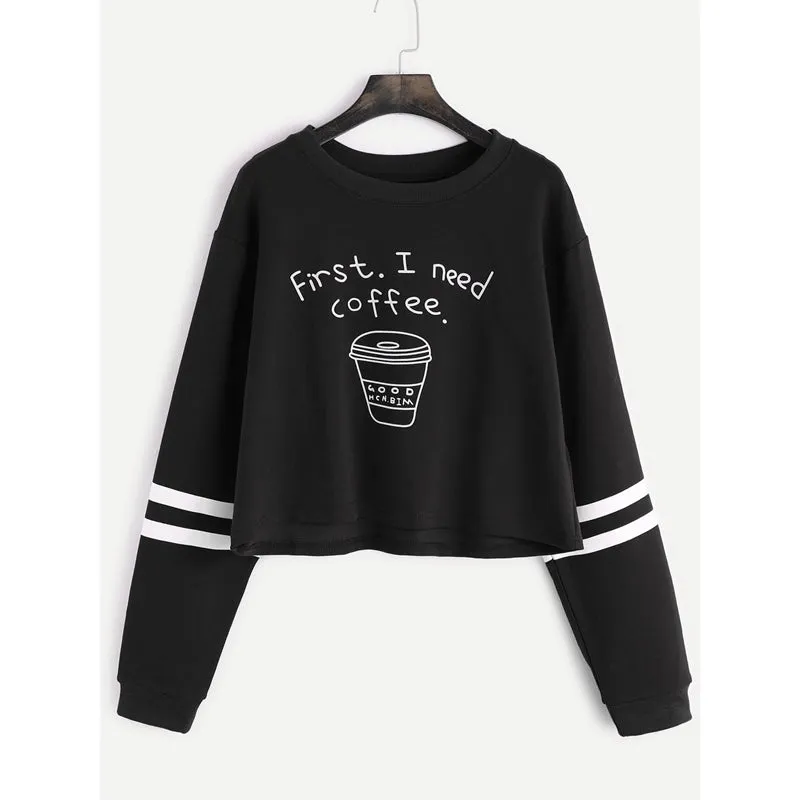 VenusFox Women's Print First I Need Coffee Long Sleeve Cropped Sweatshirt