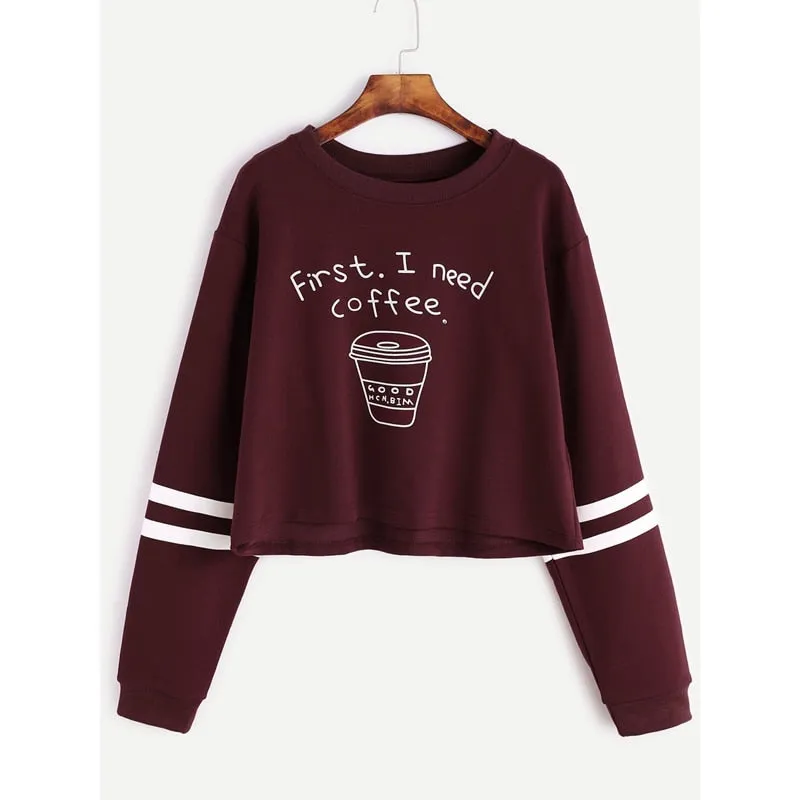 VenusFox Women's Print First I Need Coffee Long Sleeve Cropped Sweatshirt