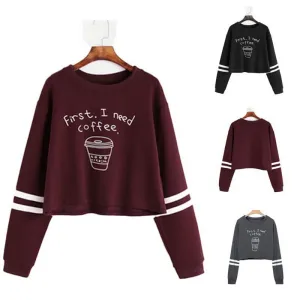 VenusFox Women's Print First I Need Coffee Long Sleeve Cropped Sweatshirt