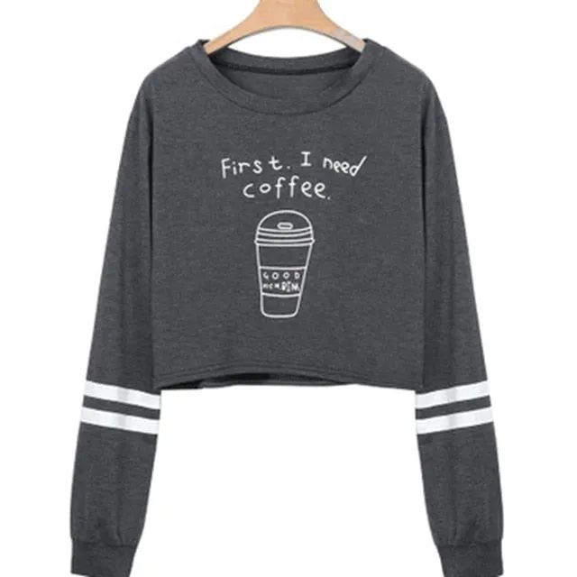 VenusFox Women's Print First I Need Coffee Long Sleeve Cropped Sweatshirt