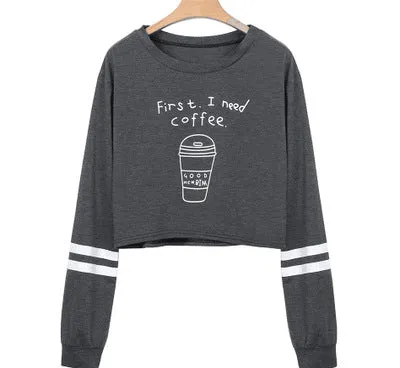 VenusFox Women's Print First I Need Coffee Long Sleeve Cropped Sweatshirt