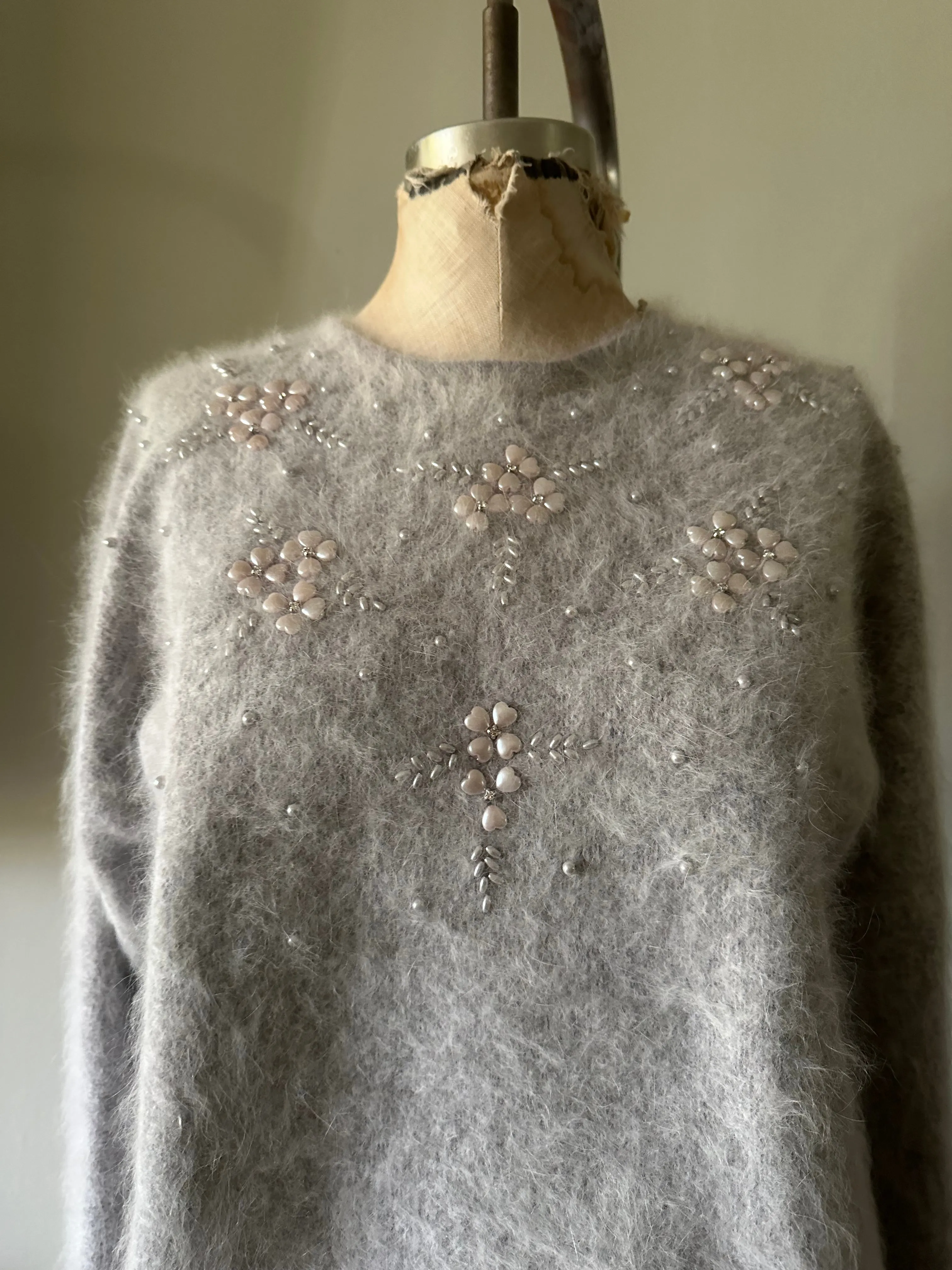 Vintage Grey Heart and Pearl Angora Sweatshirt Connie Lee Sparkling Sequined Knit Long Sleeve Sweater