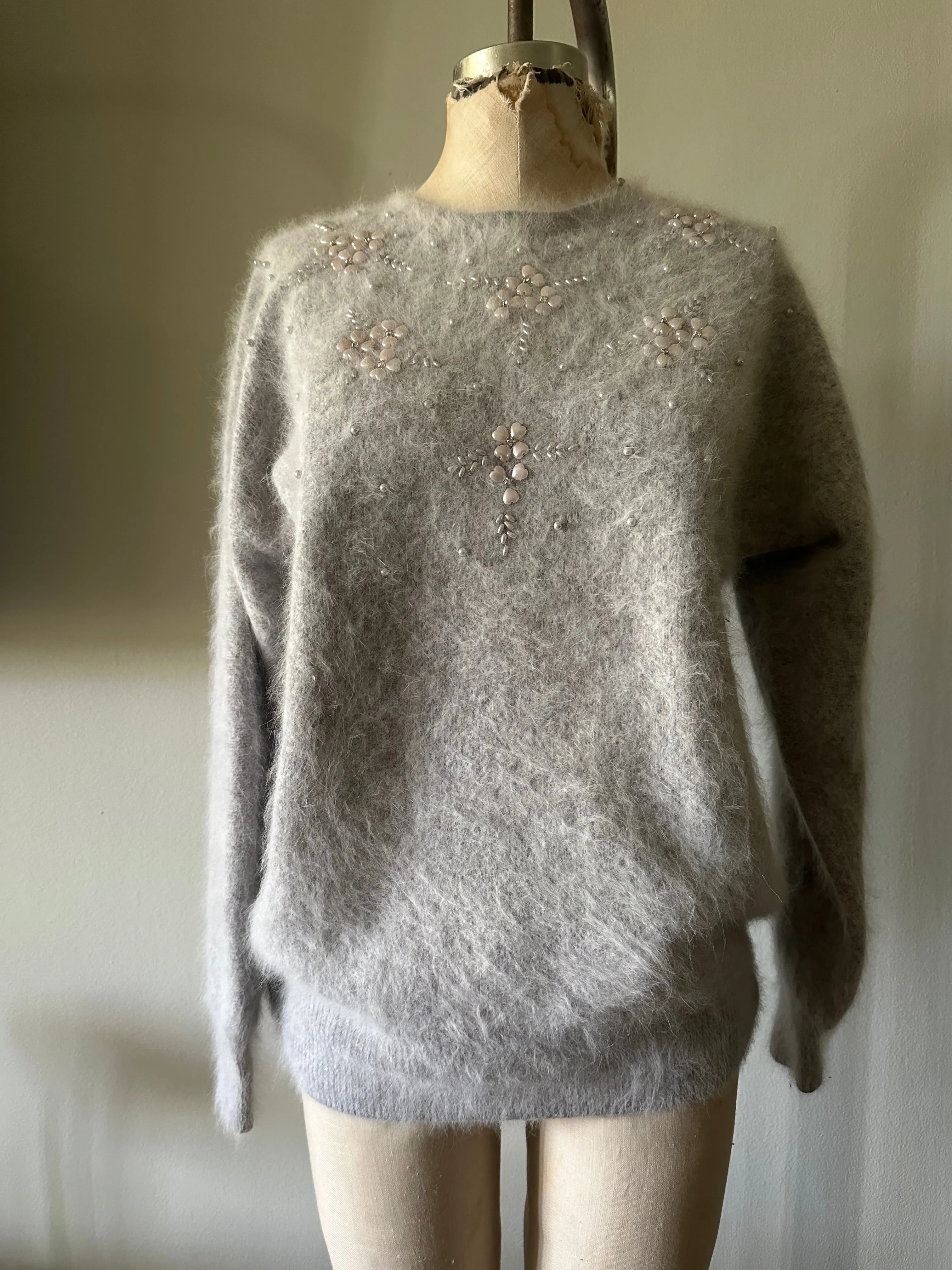 Vintage Grey Heart and Pearl Angora Sweatshirt Connie Lee Sparkling Sequined Knit Long Sleeve Sweater