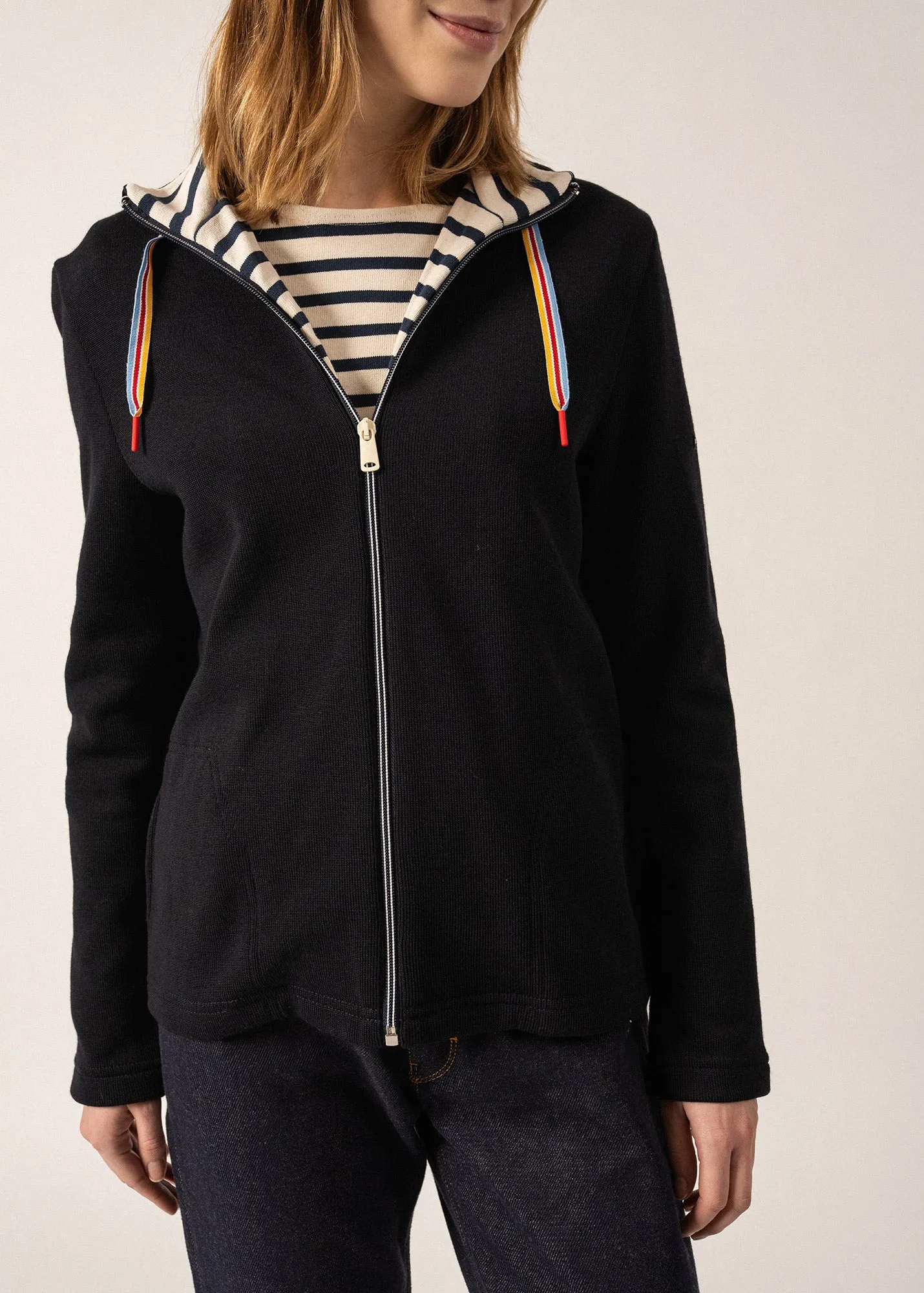 Voiron Zip-up Cardigan - in wool and cotton (NAVY)