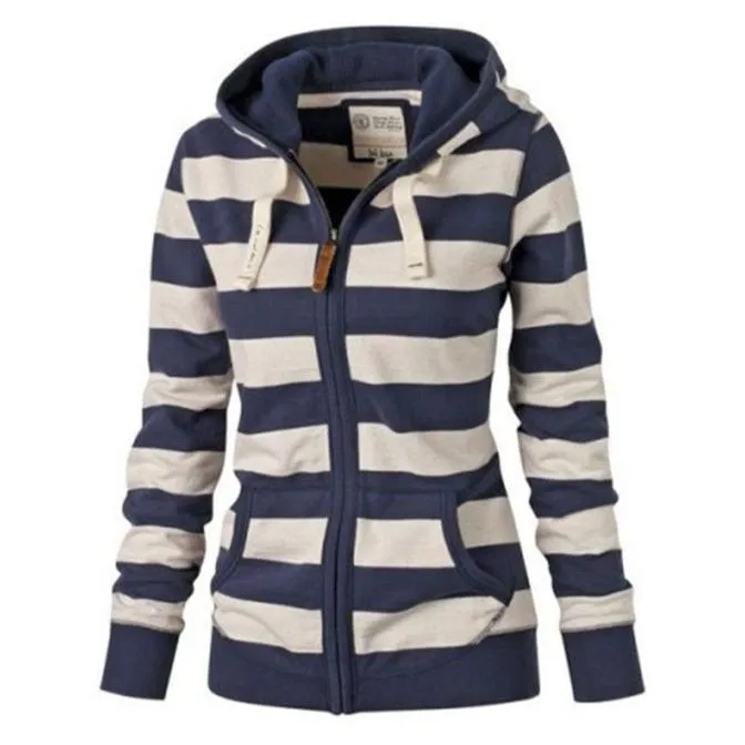 Women stripe printed sweatshirt zip up hoodies with pockets