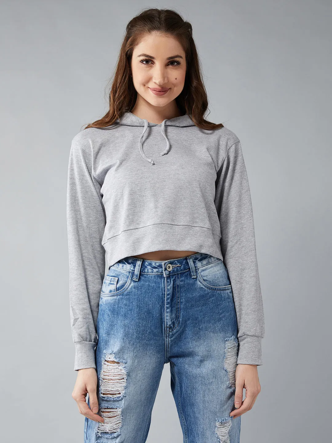 Women's Grey Round Neck Full Sleeve Cotton Solid Hooded Crop Sweatshirt