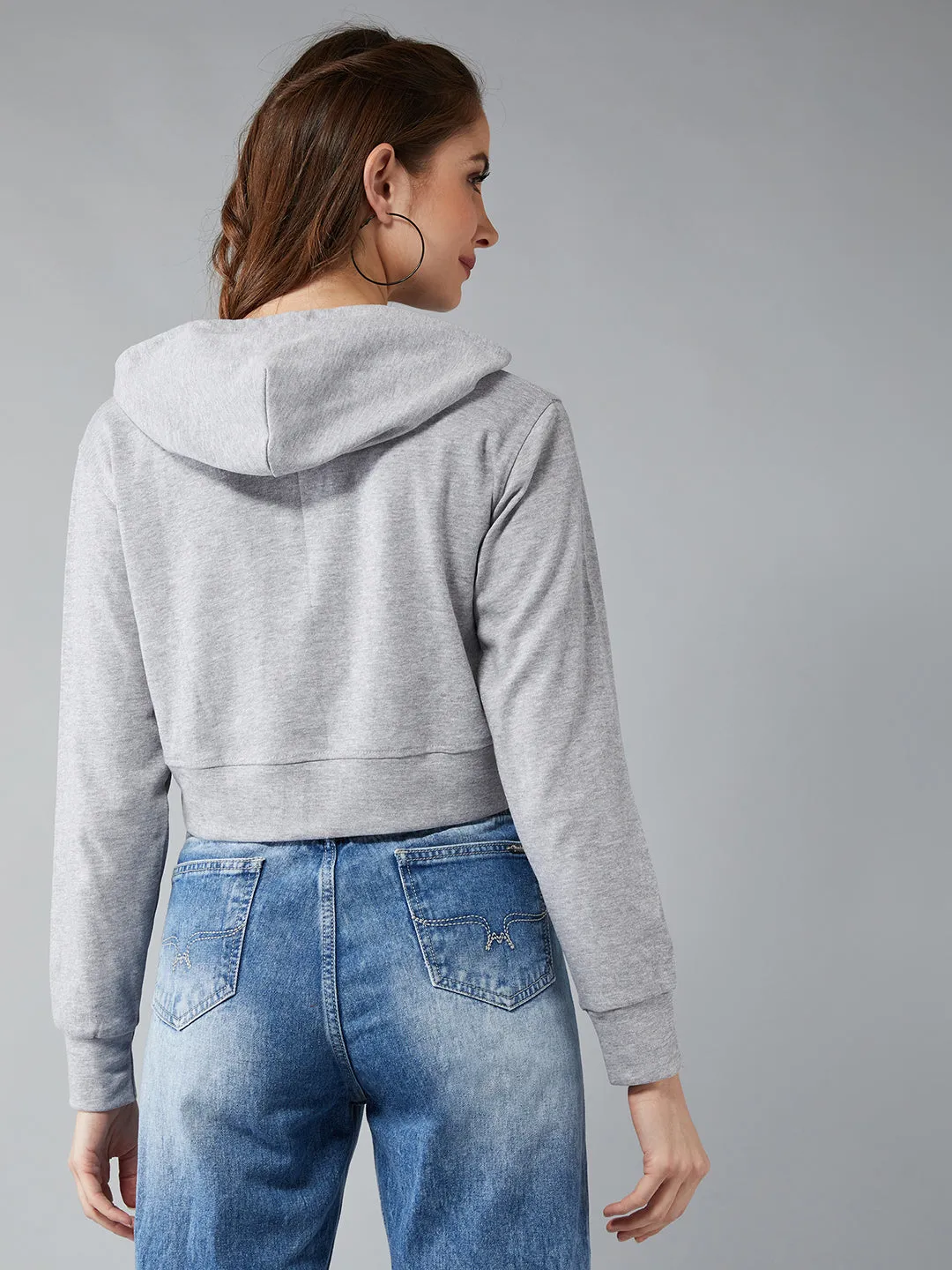 Women's Grey Round Neck Full Sleeve Cotton Solid Hooded Crop Sweatshirt