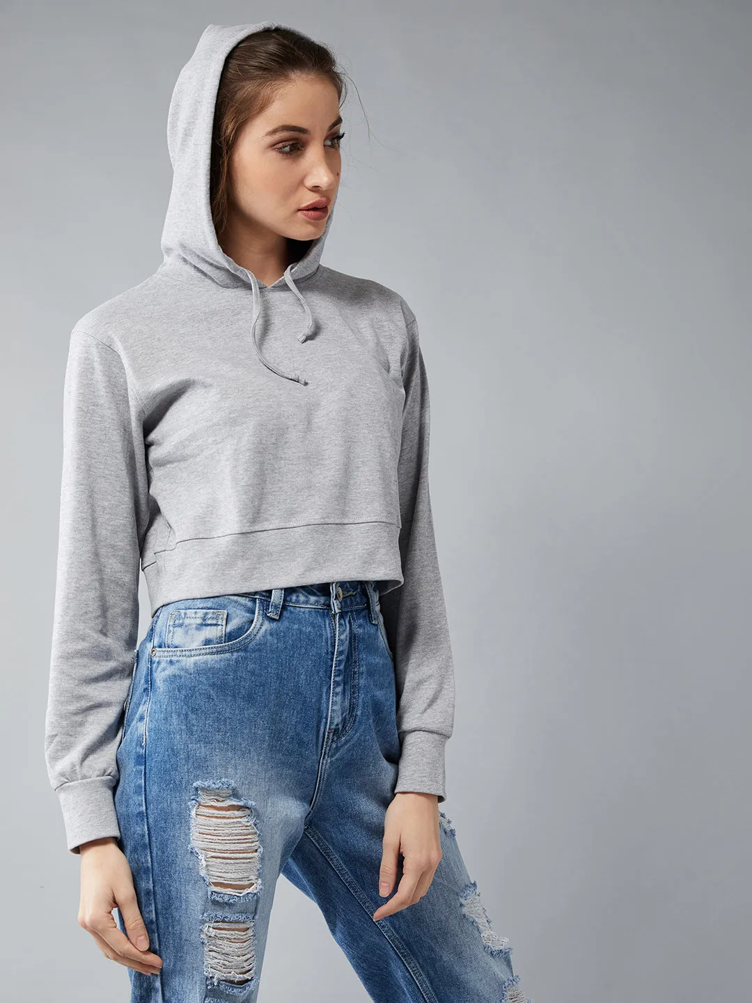 Women's Grey Round Neck Full Sleeve Cotton Solid Hooded Crop Sweatshirt