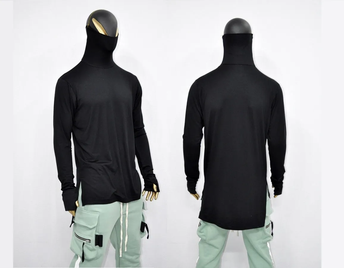 XS-8XL Men Black turtleneck sweater, Long Sleeve Rave Thumbhole Top Shirt Jumper with Scarf face mask pass by ear,gothic clothing BB507-E