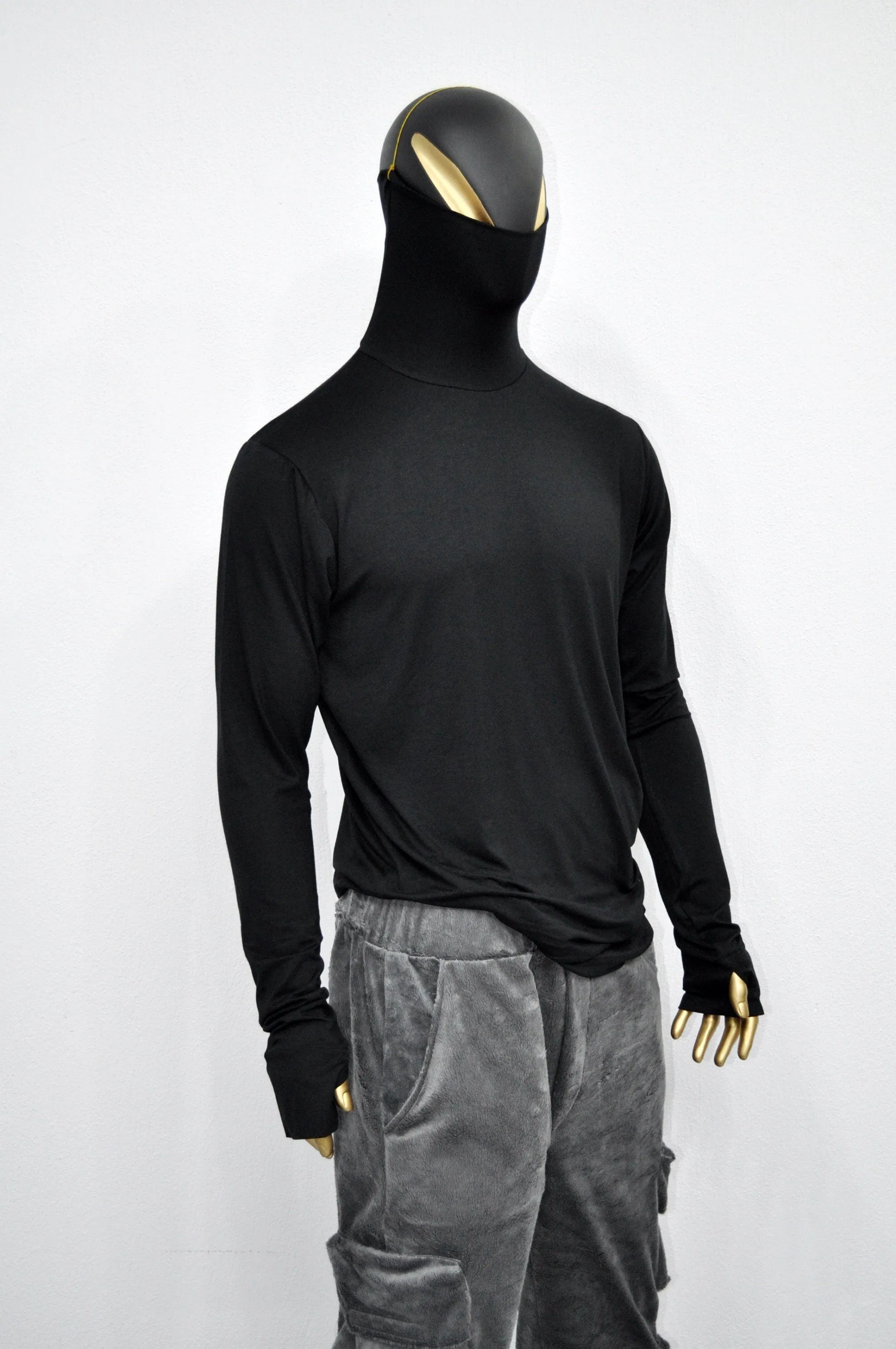 XS-8XL Men Black turtleneck sweater, Long Sleeve Rave Thumbhole Top Shirt Jumper with Scarf face mask pass by ear,gothic clothing BB507-E