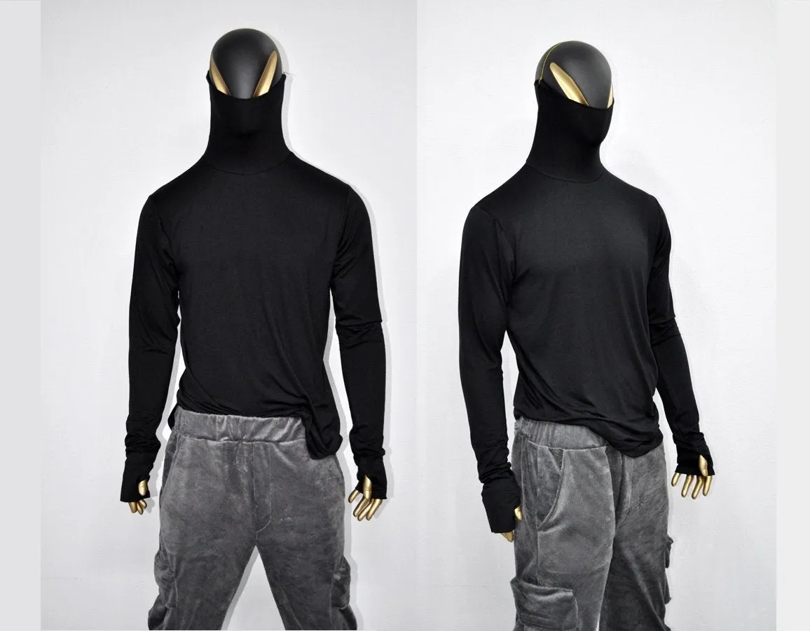 XS-8XL Men Black turtleneck sweater, Long Sleeve Rave Thumbhole Top Shirt Jumper with Scarf face mask pass by ear,gothic clothing BB507-E