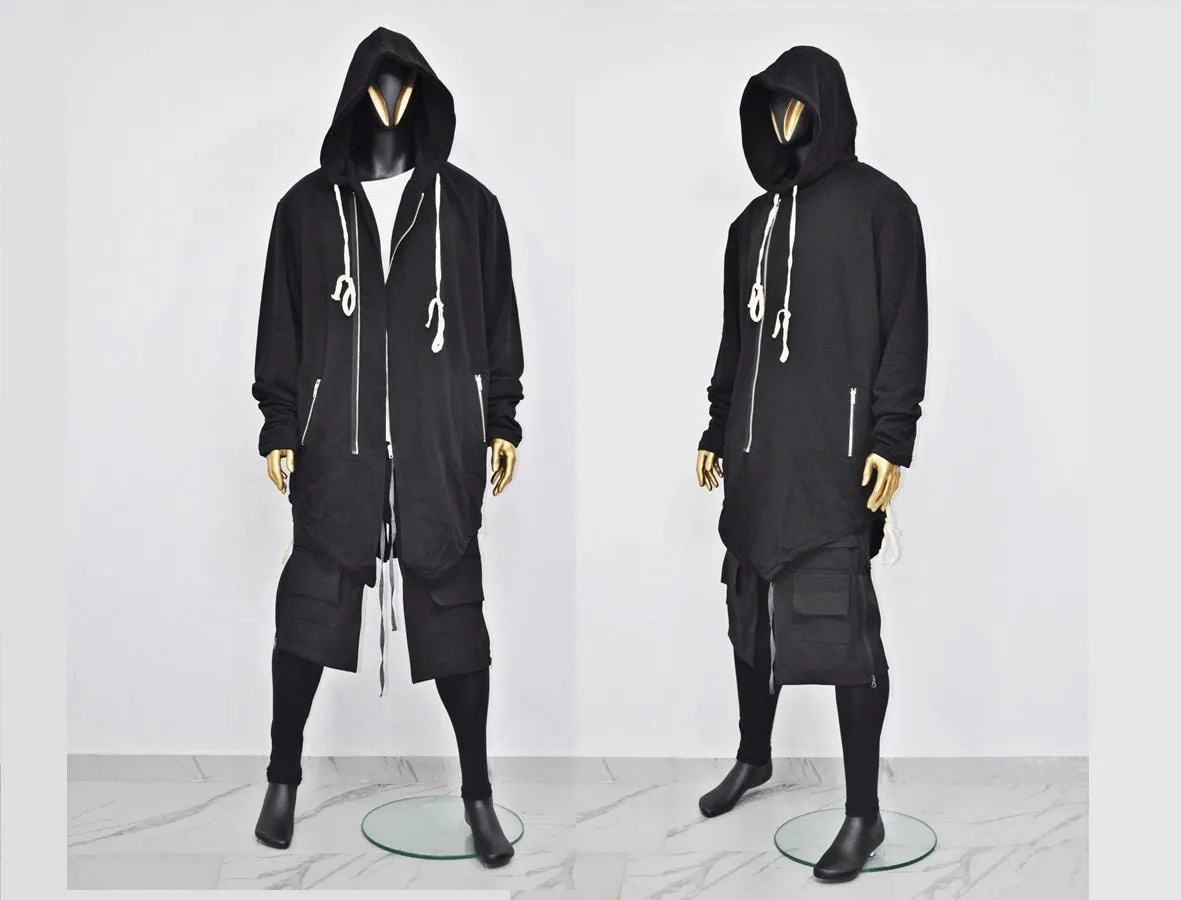 XS-8XL Men Overlong Steampunk Fitting Hooded Zip-up Hoodie Jacket / Long Sleeve Pullover// Gothic Avant Garde Cardigan,Asymmetric Punk-BB021