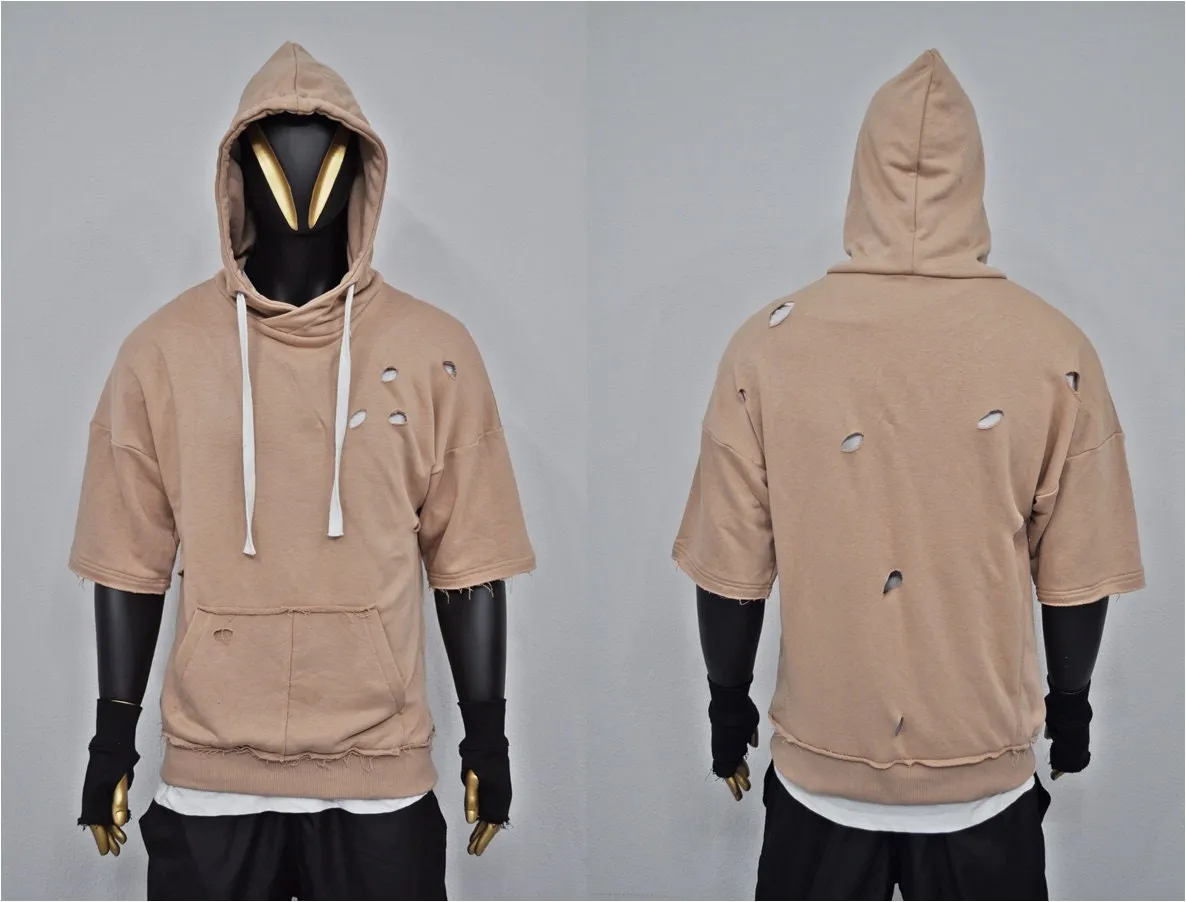 XS-8XL Men's Cyberpunk Ripped Raw Edge Short Sleeve Oversize Hooded Jumper Hoodie, Dropped Shoulder Boxyfit Pullover ,Rear Neck Badge- BB074