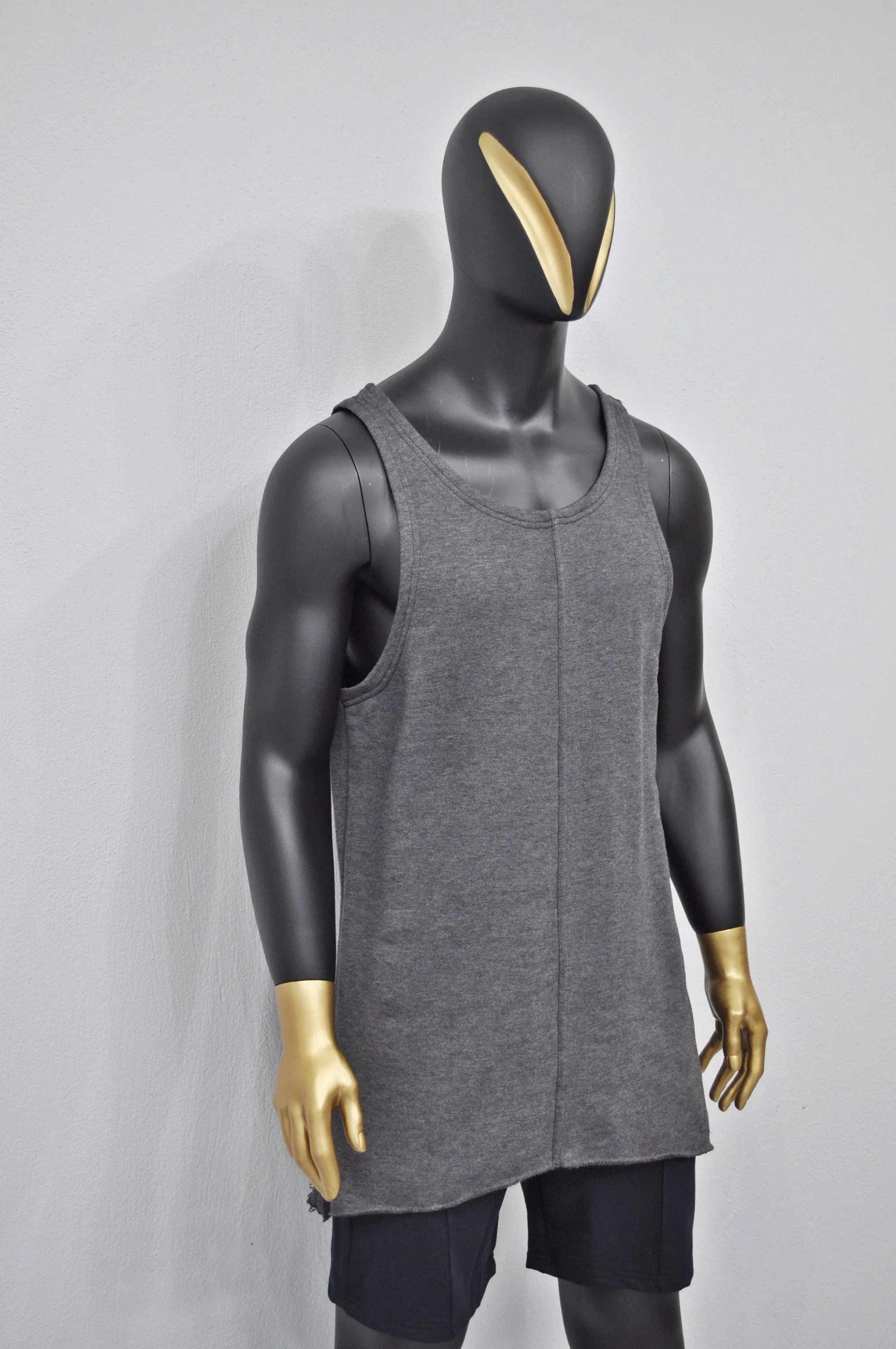 XS-8XL Men's Fleece Sleeveless Wide Neck Raw Edges Tank Top, Extended Loose Essentials Lenghten,Side Slit,Overlong,Oversize Shirt-BB497