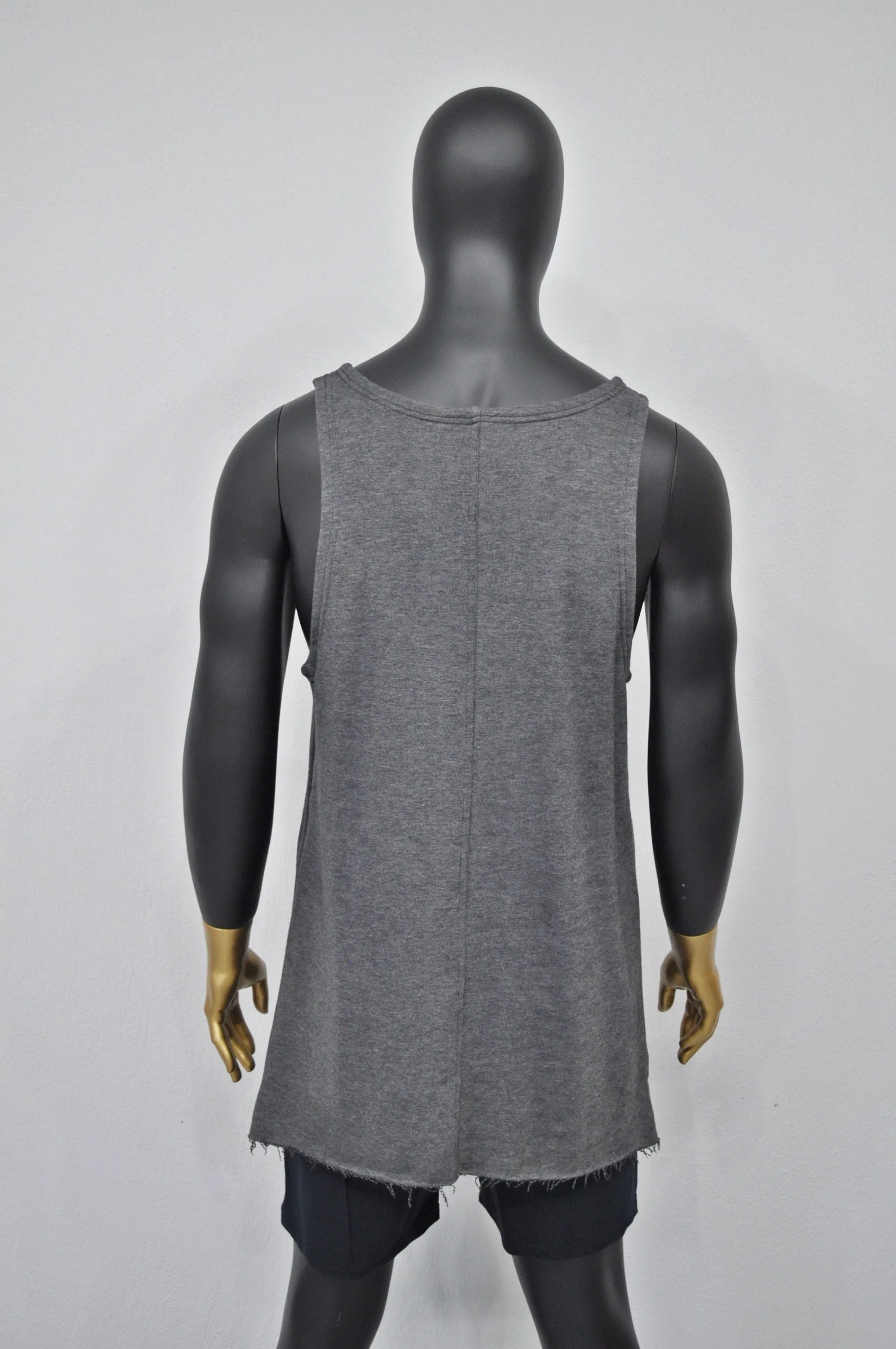 XS-8XL Men's Fleece Sleeveless Wide Neck Raw Edges Tank Top, Extended Loose Essentials Lenghten,Side Slit,Overlong,Oversize Shirt-BB497