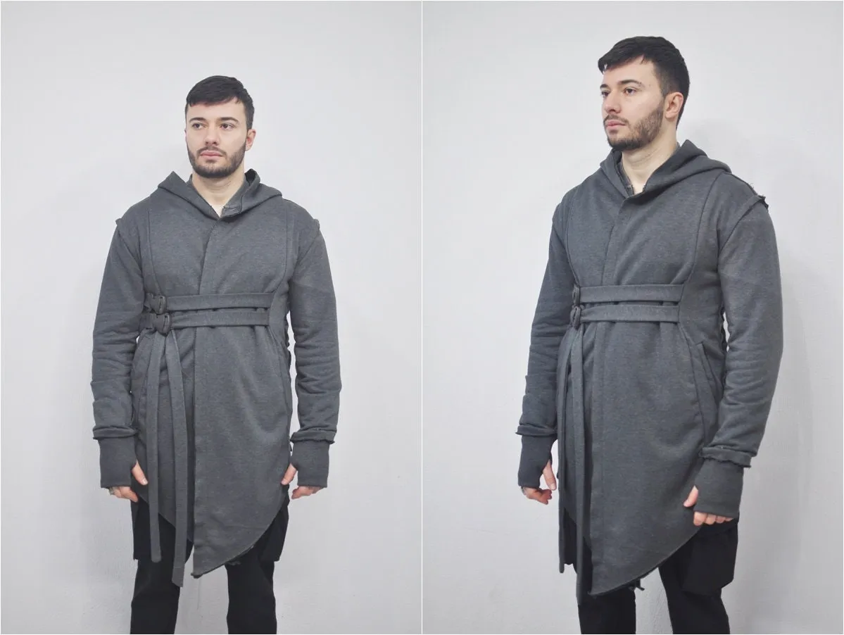 XS-8XL Men's Oversized Hood Goth Cardigan JACKET , Cyber Long Asymmetric SteamPunk Cosplay, Kimono Futuristic- Post Apocalyptic - BB0102