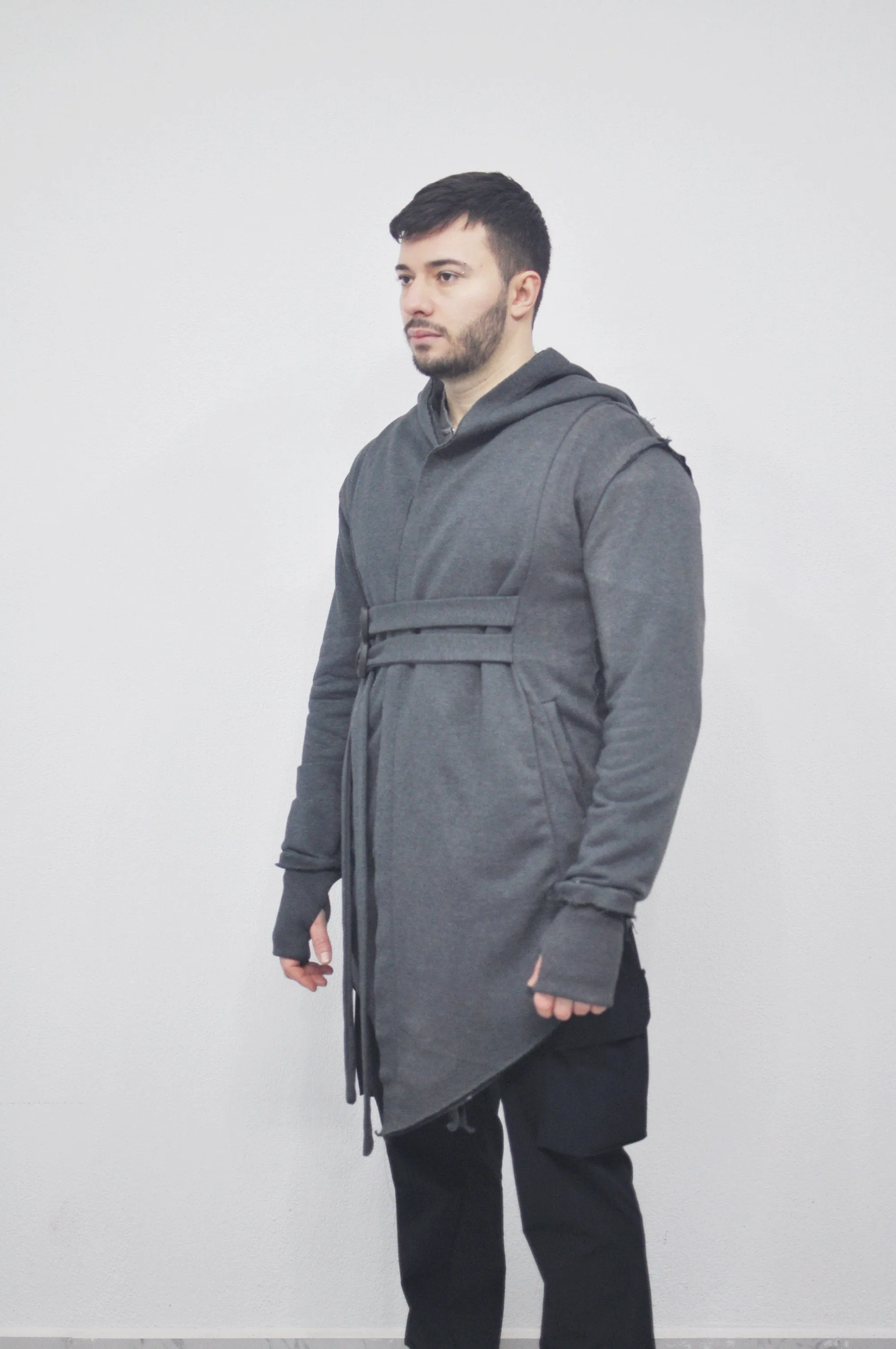 XS-8XL Men's Oversized Hood Goth Cardigan JACKET , Cyber Long Asymmetric SteamPunk Cosplay, Kimono Futuristic- Post Apocalyptic - BB0102