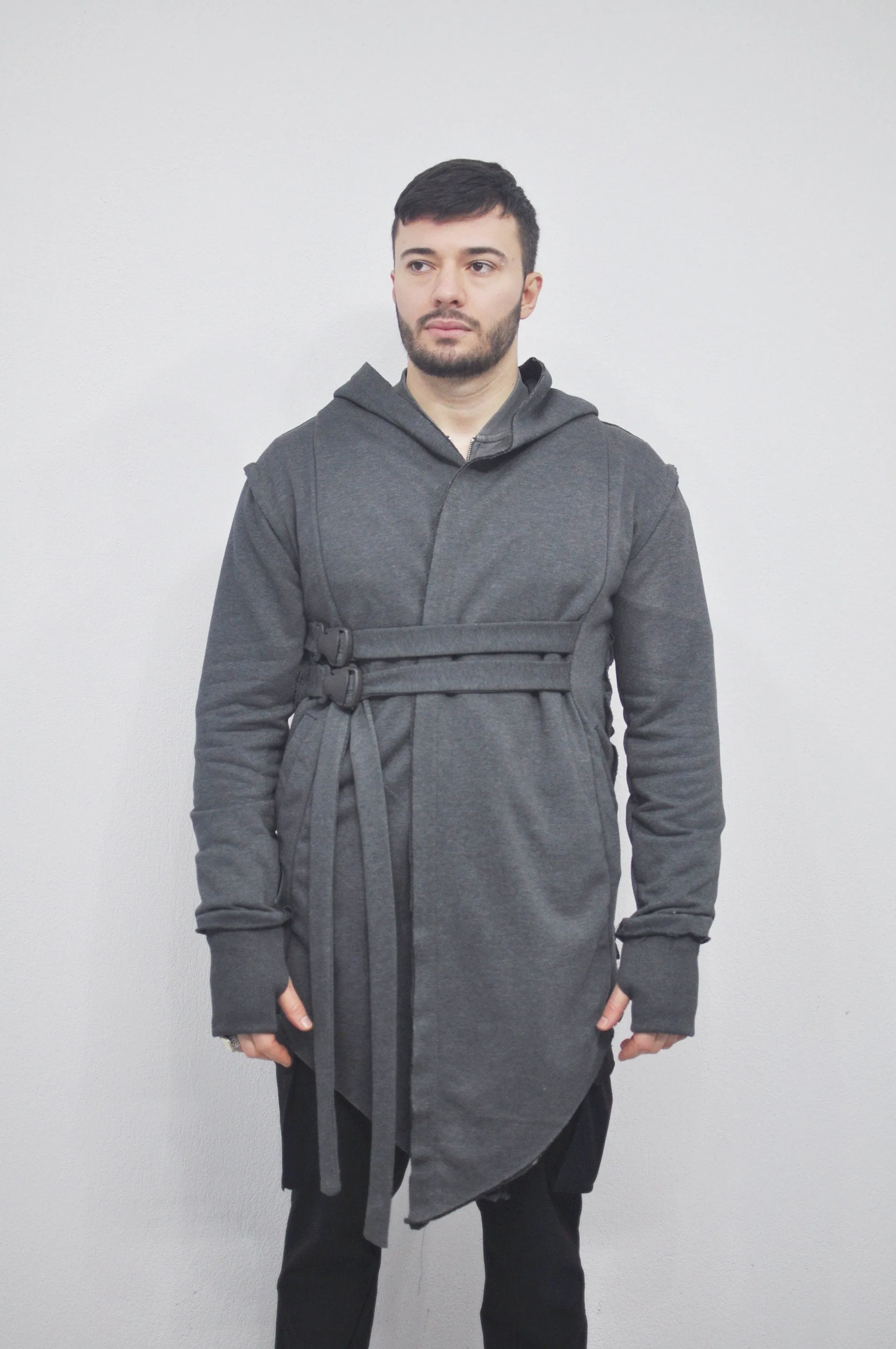 XS-8XL Men's Oversized Hood Goth Cardigan JACKET , Cyber Long Asymmetric SteamPunk Cosplay, Kimono Futuristic- Post Apocalyptic - BB0102