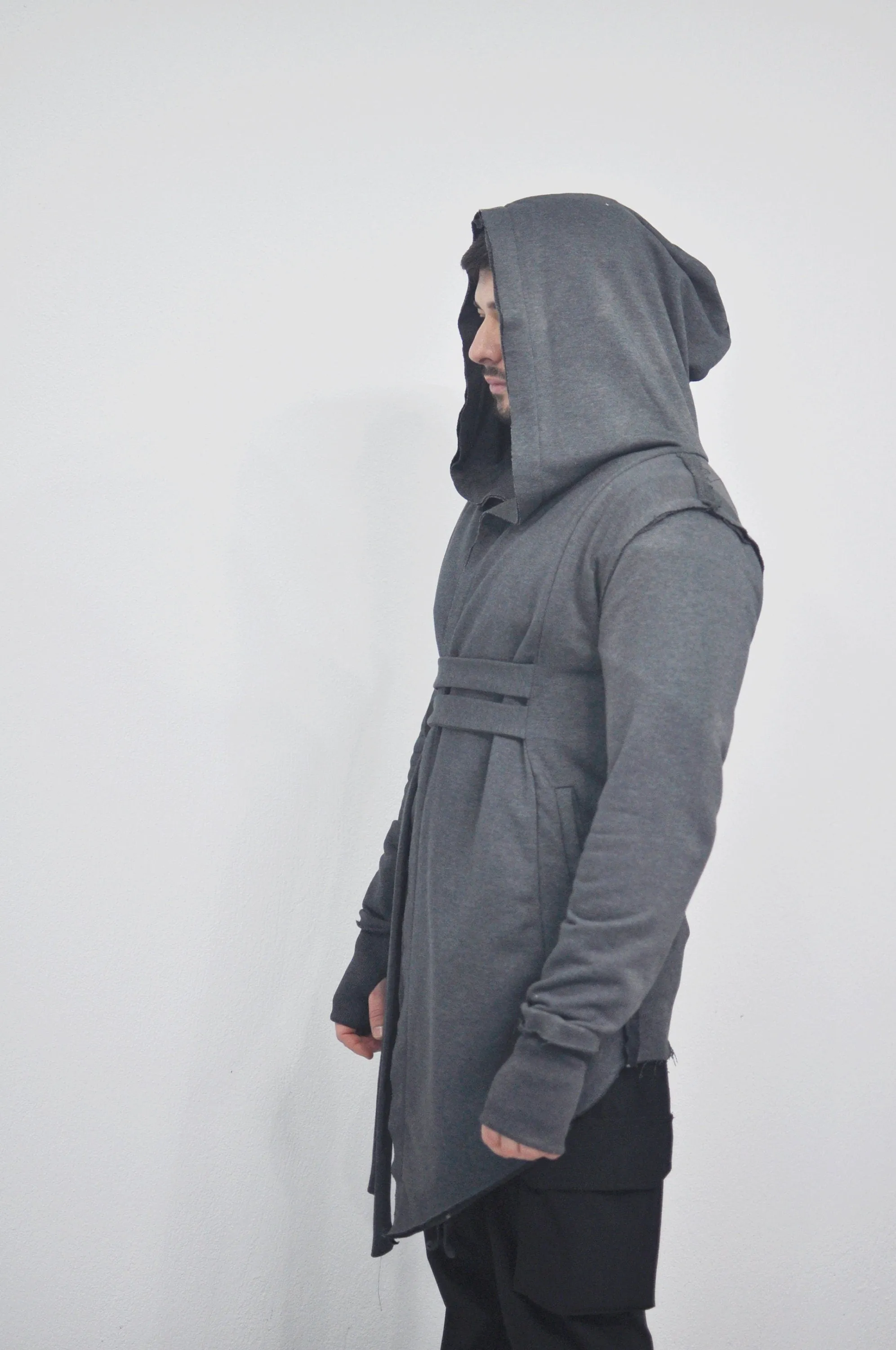 XS-8XL Men's Oversized Hood Goth Cardigan JACKET , Cyber Long Asymmetric SteamPunk Cosplay, Kimono Futuristic- Post Apocalyptic - BB0102