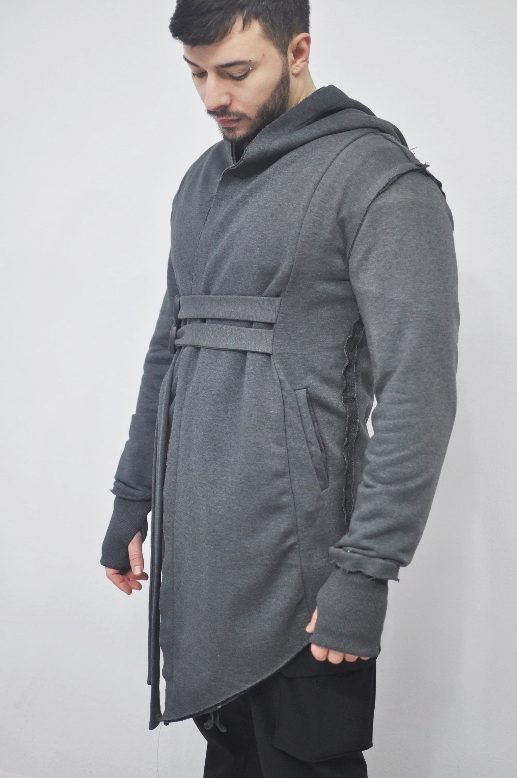 XS-8XL Men's Oversized Hood Goth Cardigan JACKET , Cyber Long Asymmetric SteamPunk Cosplay, Kimono Futuristic- Post Apocalyptic - BB0102