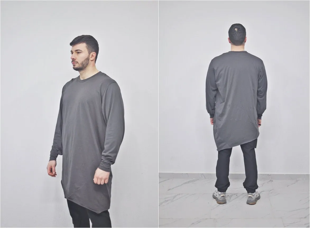 XS-8XL Men's Oversized Loose Overlong Teckwear Asymmetric Tshirt, Streetwear Men Extended Long Sleeve Shirt- BB496