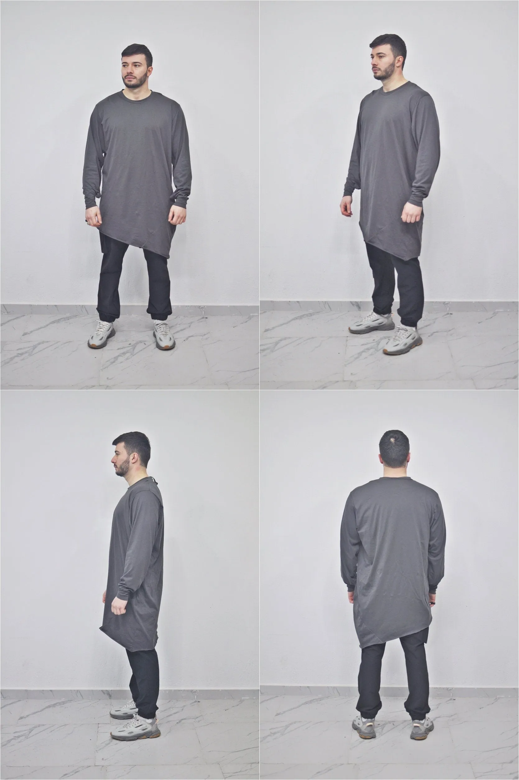 XS-8XL Men's Oversized Loose Overlong Teckwear Asymmetric Tshirt, Streetwear Men Extended Long Sleeve Shirt- BB496