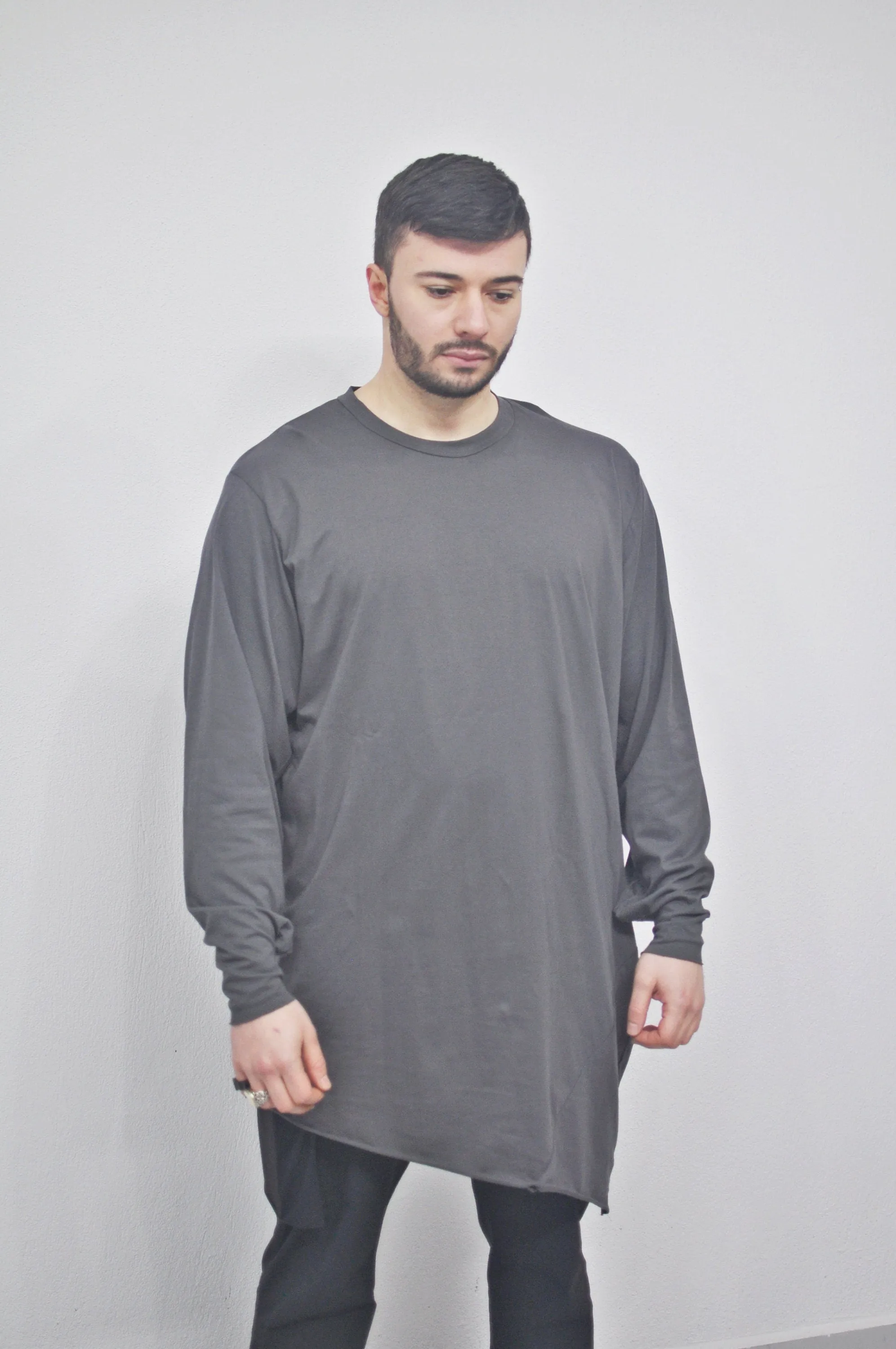 XS-8XL Men's Oversized Loose Overlong Teckwear Asymmetric Tshirt, Streetwear Men Extended Long Sleeve Shirt- BB496