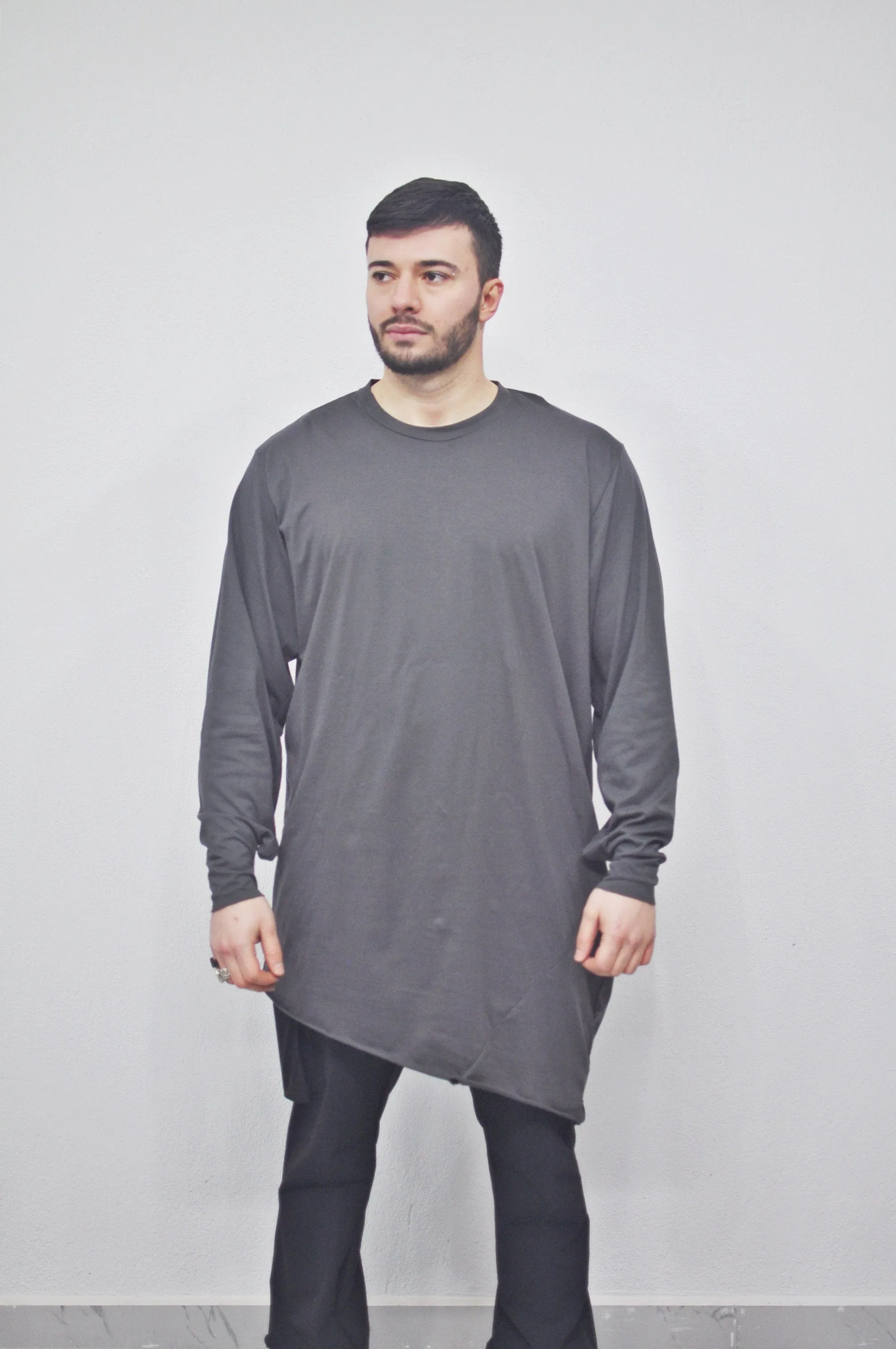 XS-8XL Men's Oversized Loose Overlong Teckwear Asymmetric Tshirt, Streetwear Men Extended Long Sleeve Shirt- BB496