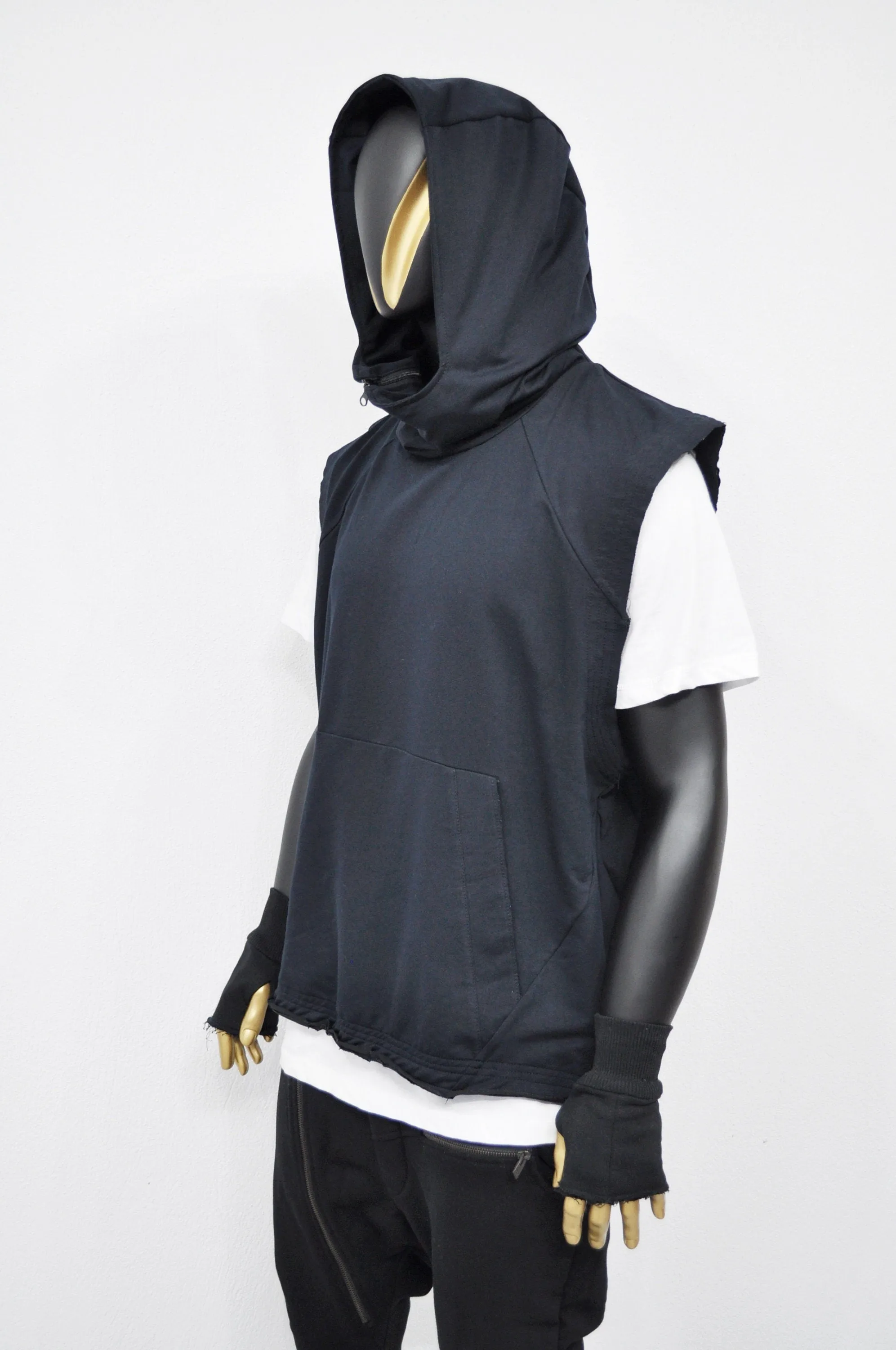 XS-8XL Men's Panel Hooded  Tanktop, Raw Edges Adjusters Zip-up Hood and Collar,Streetwear Vest Hooded / Cyber Streetwear Assassin - BB0133