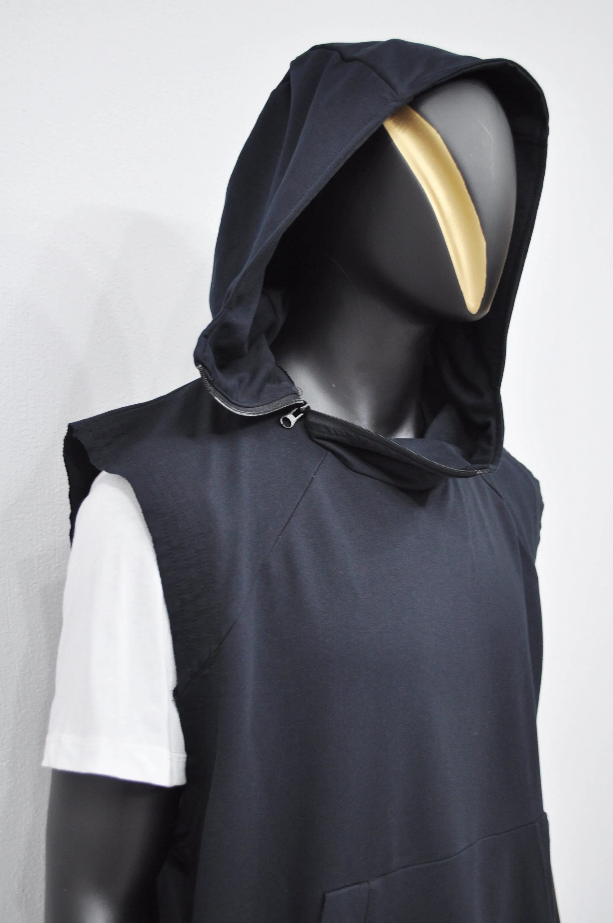 XS-8XL Men's Panel Hooded  Tanktop, Raw Edges Adjusters Zip-up Hood and Collar,Streetwear Vest Hooded / Cyber Streetwear Assassin - BB0133