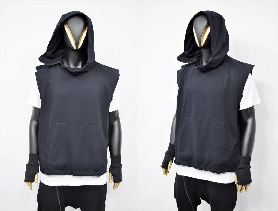 XS-8XL Men's Panel Hooded  Tanktop, Raw Edges Adjusters Zip-up Hood and Collar,Streetwear Vest Hooded / Cyber Streetwear Assassin - BB0133