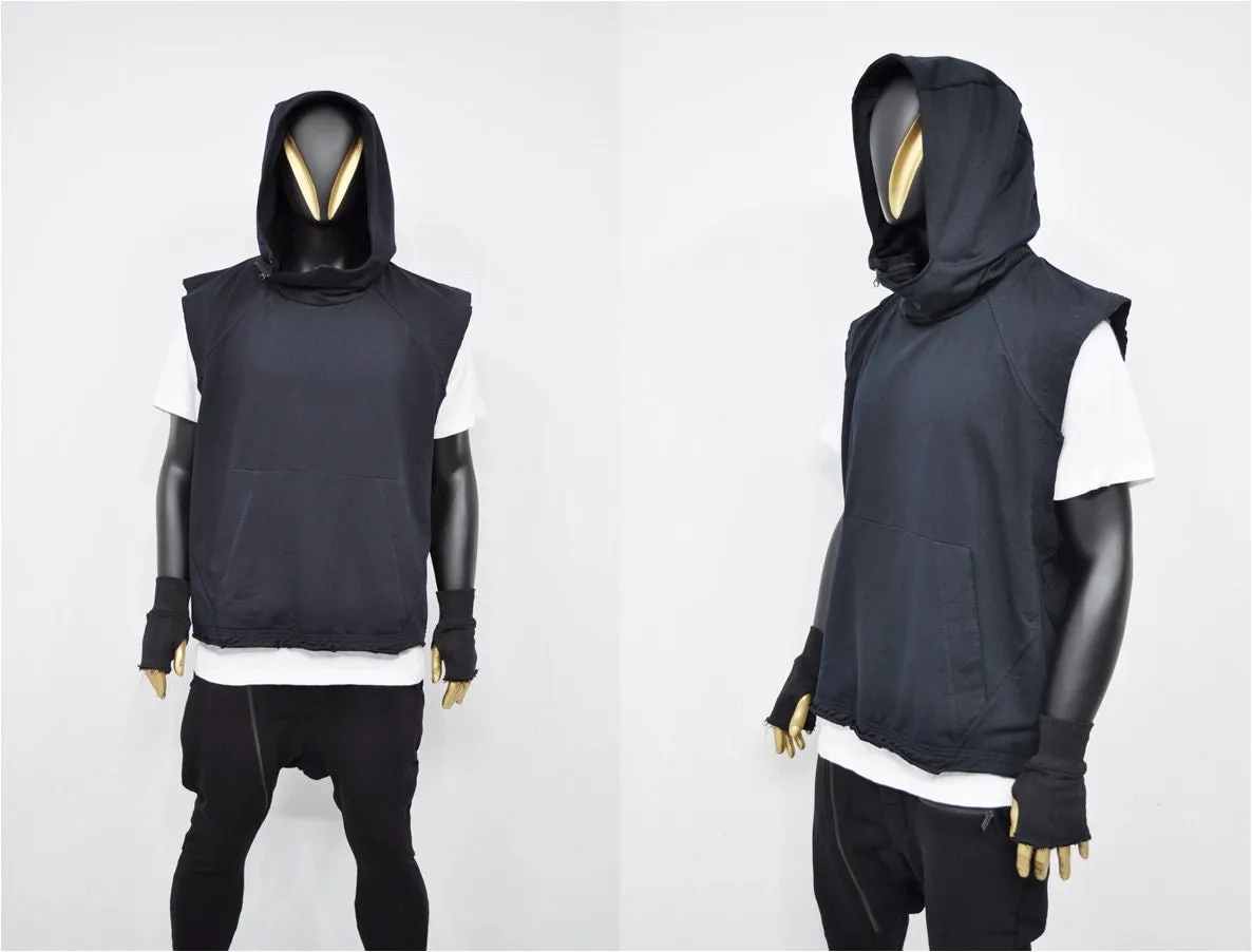 XS-8XL Men's Panel Hooded  Tanktop, Raw Edges Adjusters Zip-up Hood and Collar,Streetwear Vest Hooded / Cyber Streetwear Assassin - BB0133