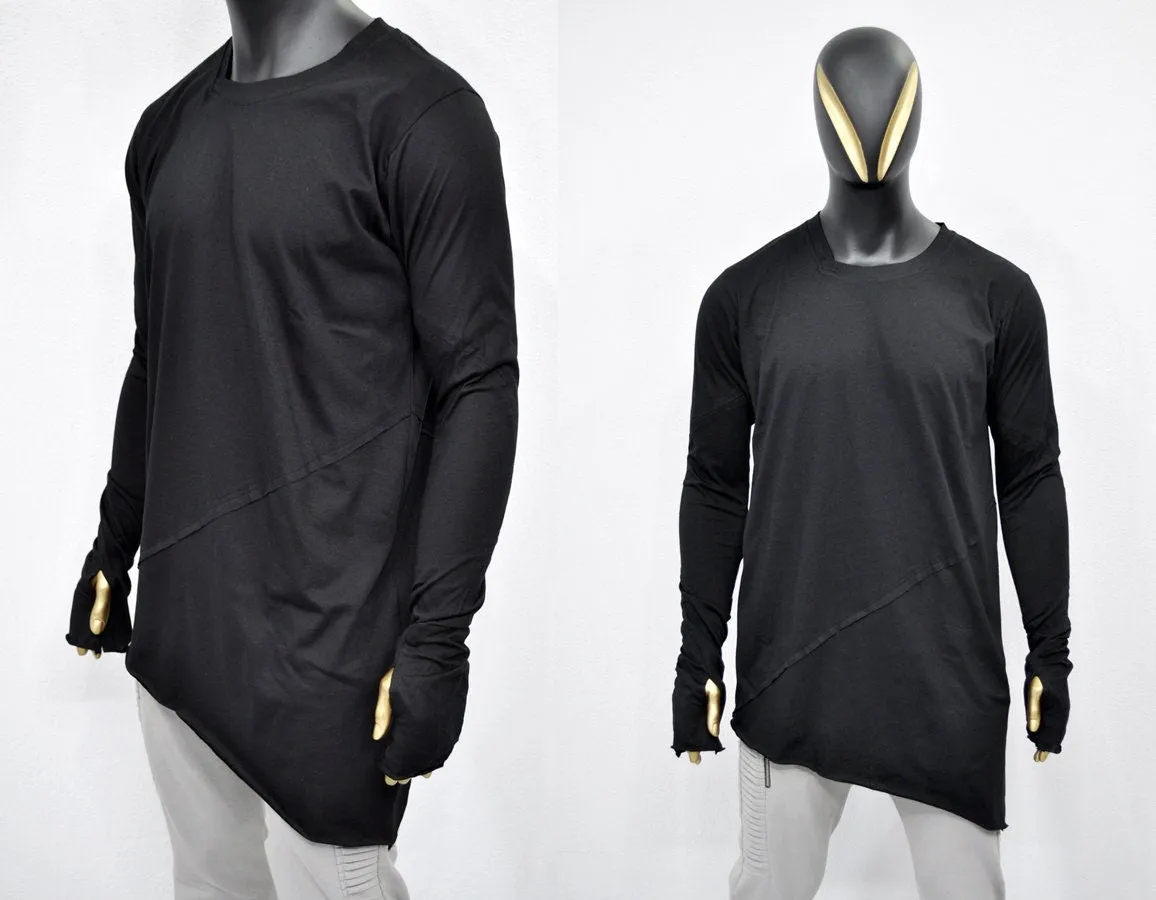 XS-8XL Men's Thumbs Techwear asymmetric Shirt,Long Sleeve black cyberpunk Top T-shirt,Round Neck Dystopian Alternative,Elongated-BB498