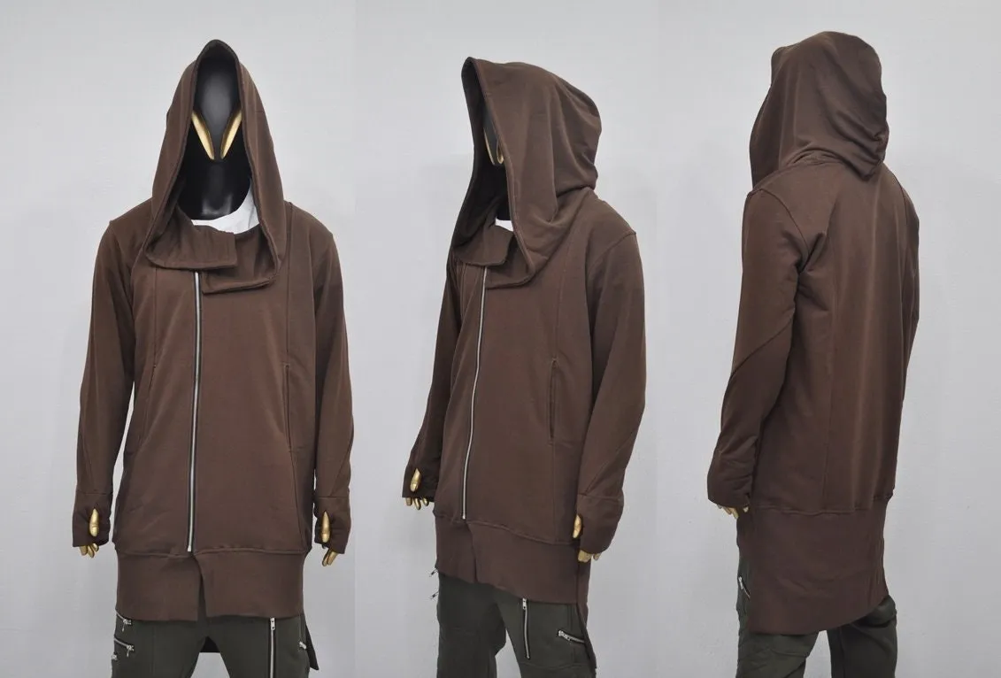 XS-8XL Overlong Oversized Essentials Hooded Full Zip Long Sleeve Hoodie,Thums Hole,AvantGarde Cardigan JACKET,Punk Anarchy, Futuristic-BB050