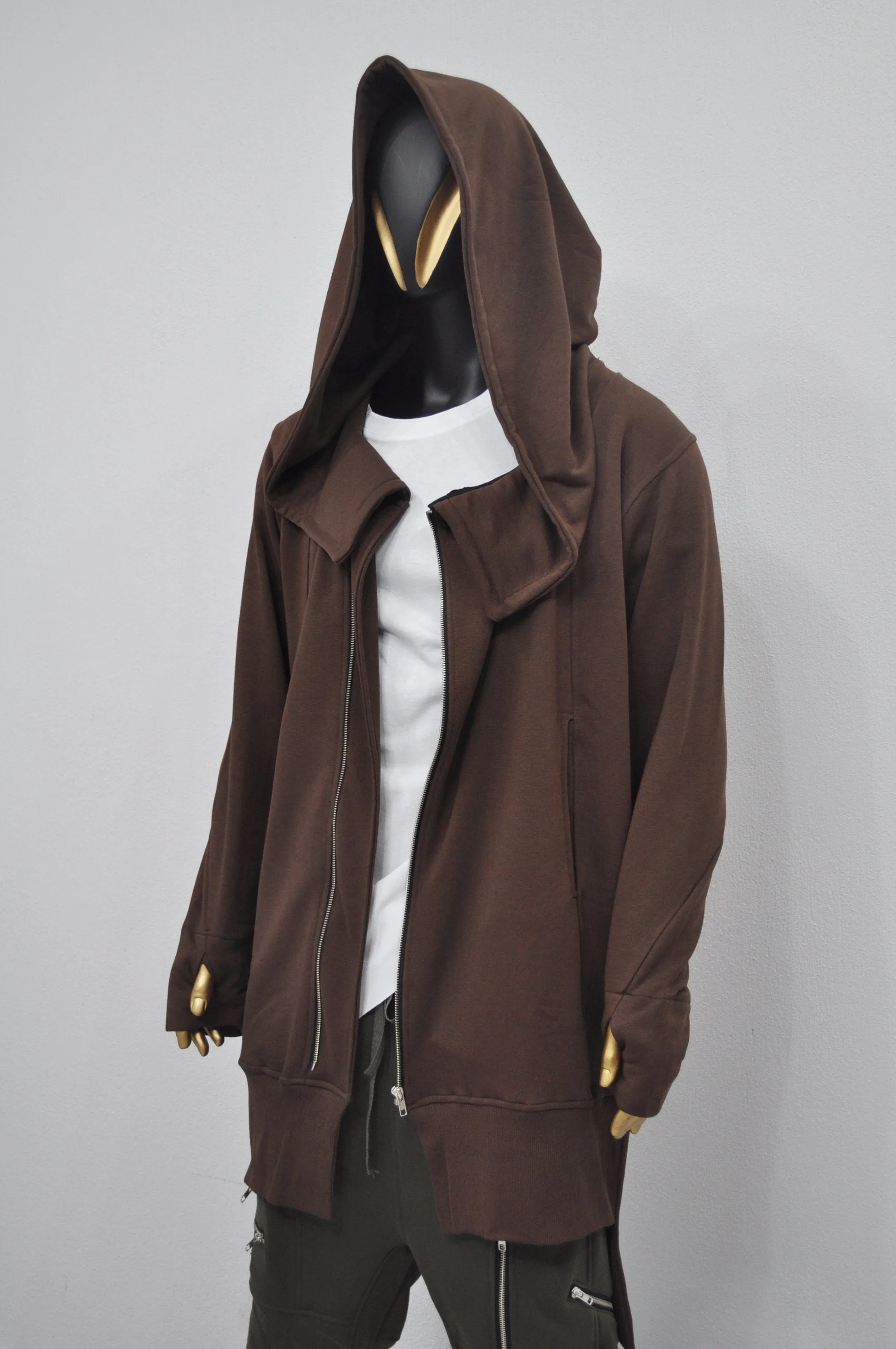 XS-8XL Overlong Oversized Essentials Hooded Full Zip Long Sleeve Hoodie,Thums Hole,AvantGarde Cardigan JACKET,Punk Anarchy, Futuristic-BB050