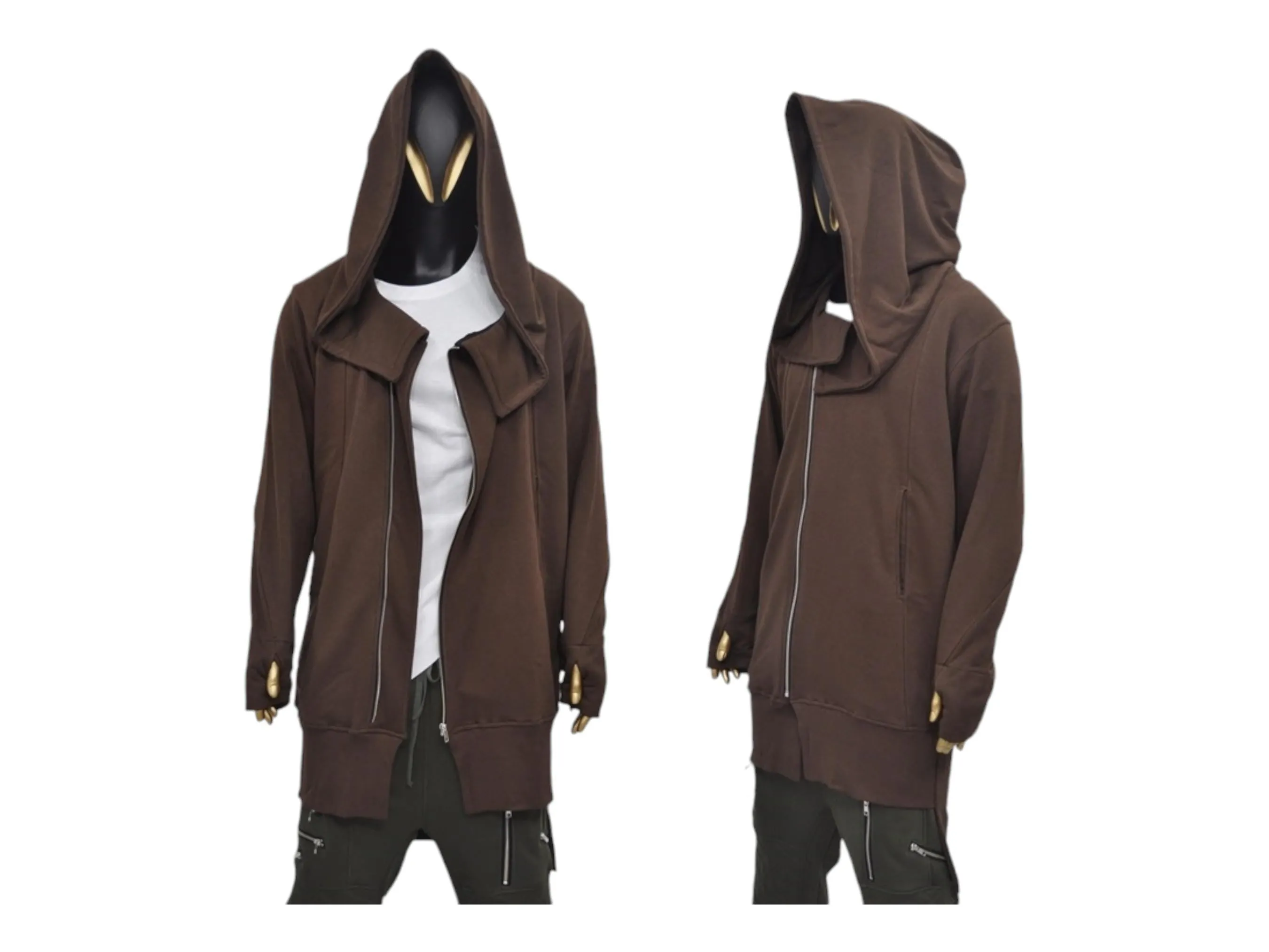 XS-8XL Overlong Oversized Essentials Hooded Full Zip Long Sleeve Hoodie,Thums Hole,AvantGarde Cardigan JACKET,Punk Anarchy, Futuristic-BB050