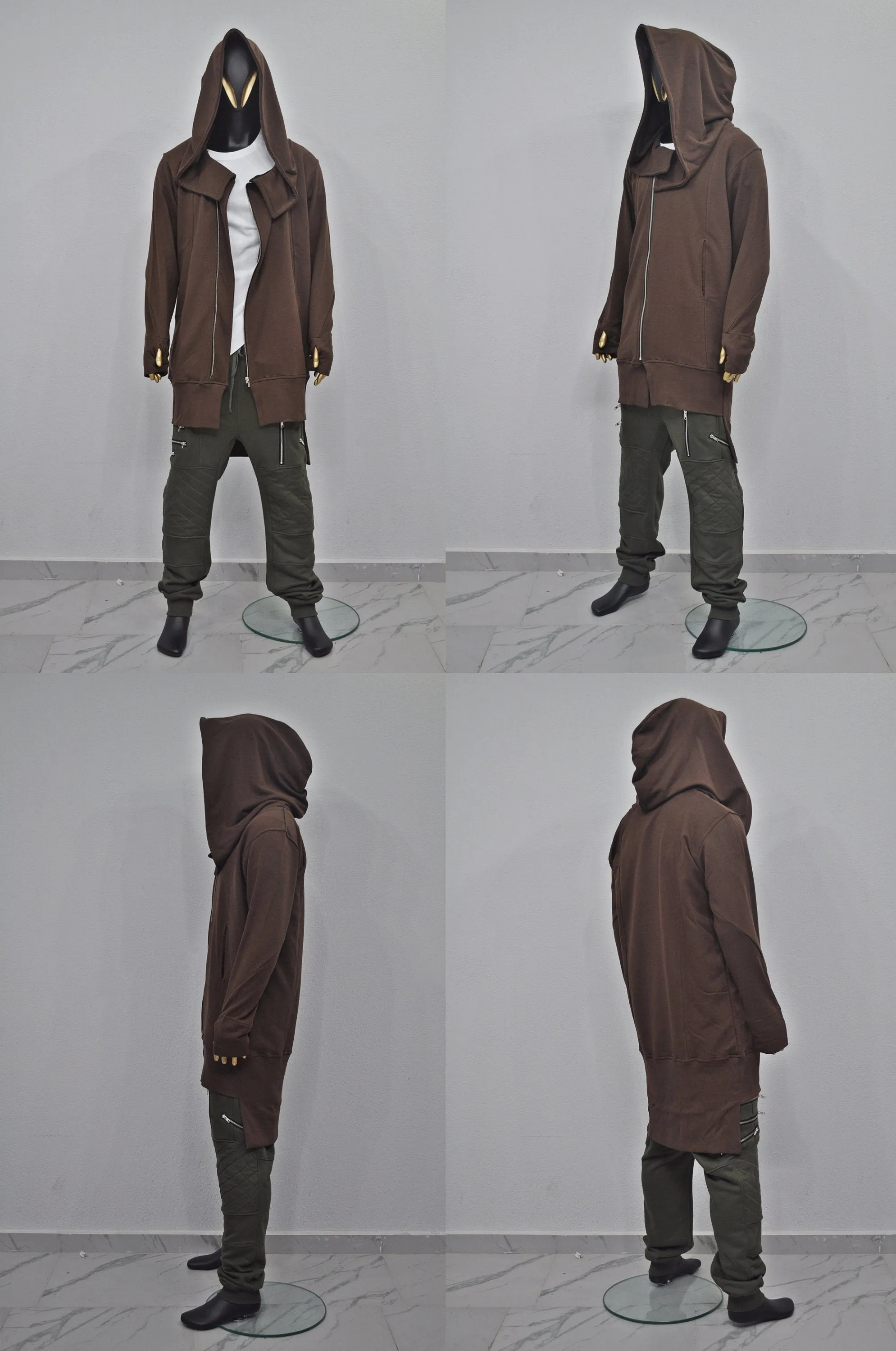 XS-8XL Overlong Oversized Essentials Hooded Full Zip Long Sleeve Hoodie,Thums Hole,AvantGarde Cardigan JACKET,Punk Anarchy, Futuristic-BB050